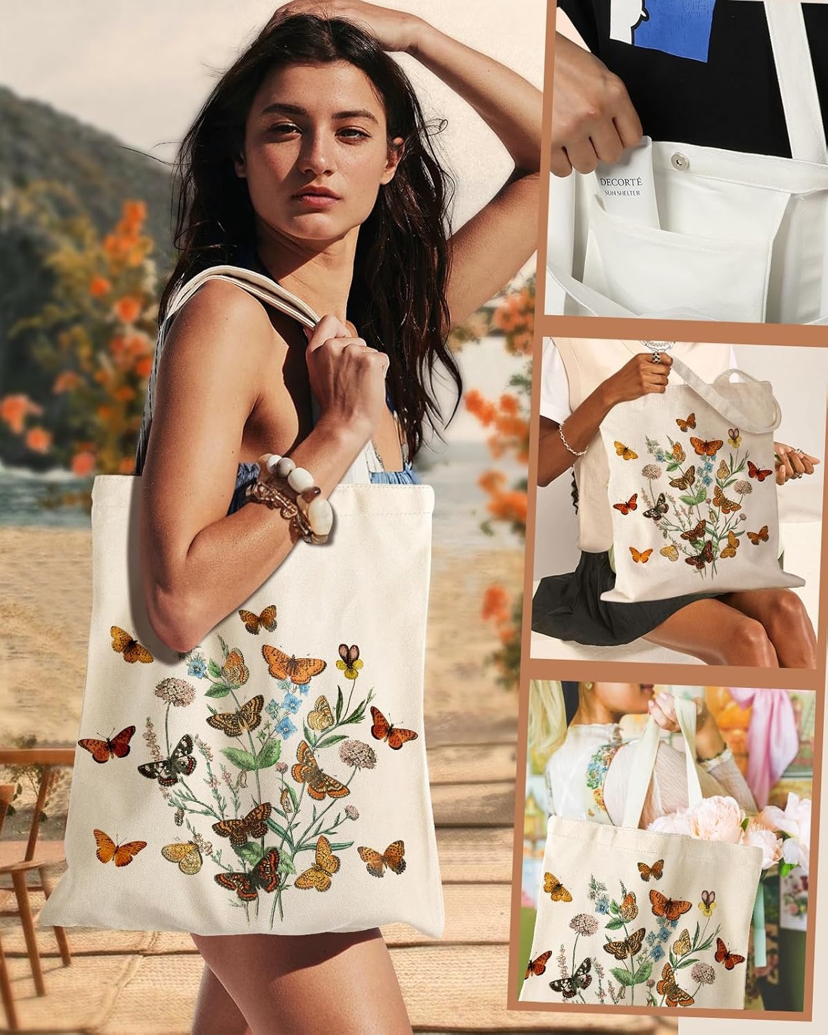 image:imageMiss Adola Aesthetic Cottonseed Tote Bag for Women with Magnetic Buckle and Inner Pocket for Lady Cloth Cotton Tote BagButterfly Flower