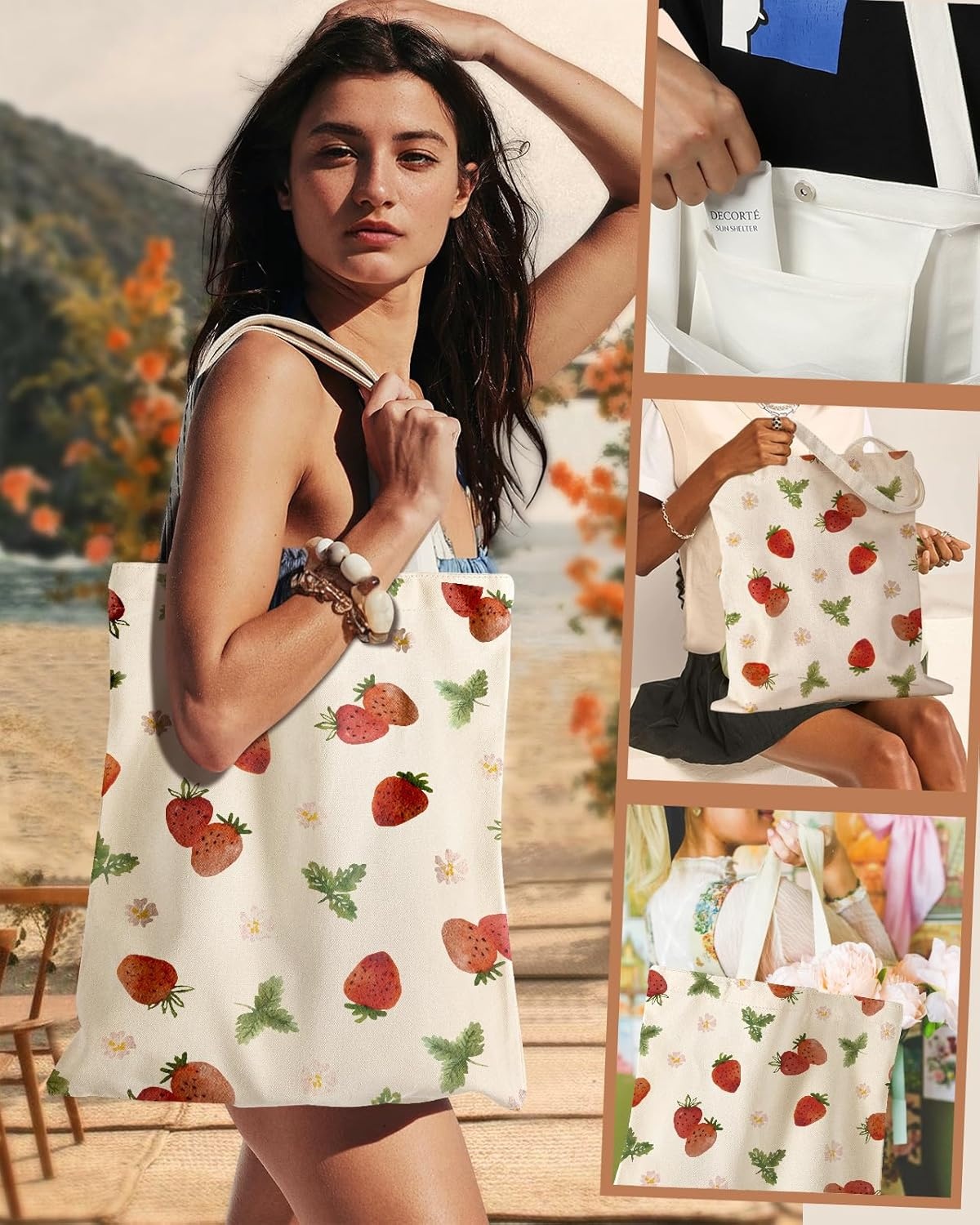image:imageMiss Adola Aesthetic Cottonseed Tote Bag for Women with Magnetic Buckle and Inner Pocket for Lady Cloth Cotton Tote BagColor Strawberry