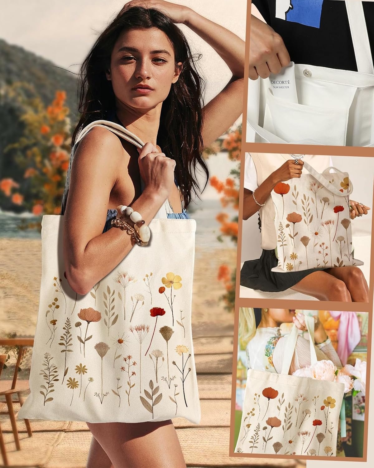 image:imageMiss Adola Aesthetic Cottonseed Tote Bag for Women with Magnetic Buckle and Inner Pocket for Lady Cloth Cotton Tote BagRed Flower