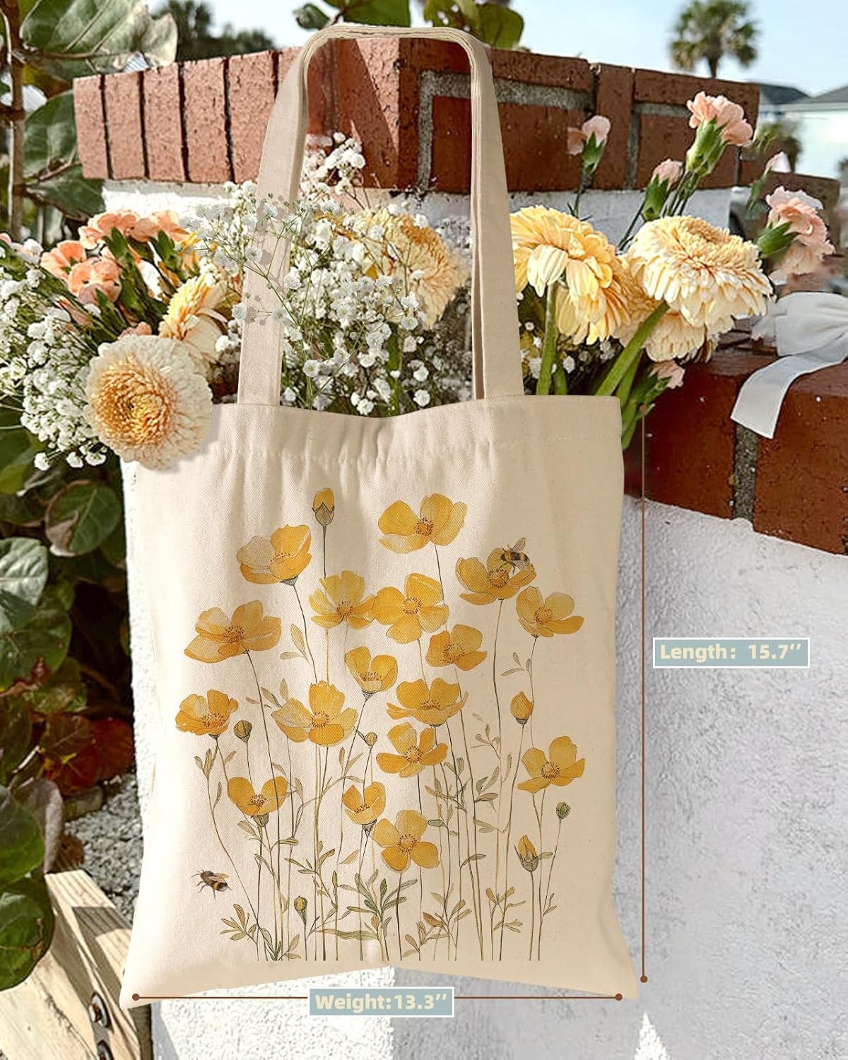 image:imageMiss Adola Aesthetic Cottonseed Tote Bag for Women with Magnetic Buckle and Inner Pocket for Lady Cloth Cotton Tote BagYellow Flower