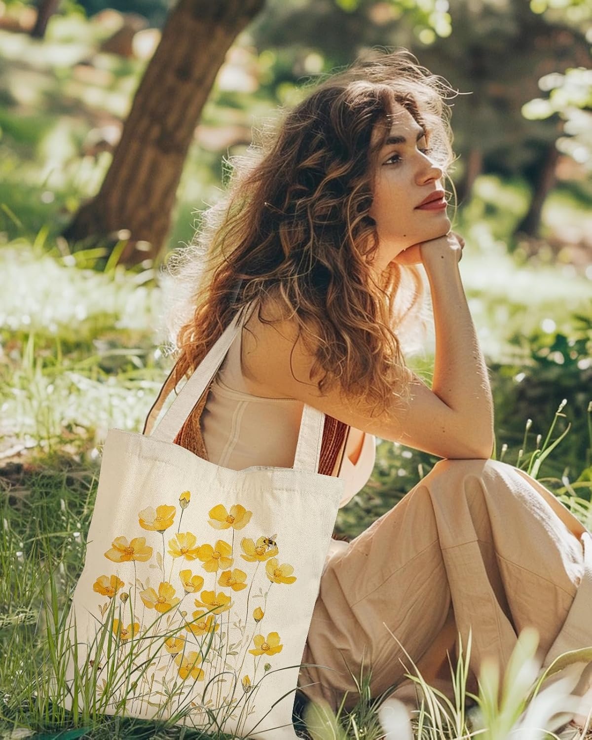 image:imageMiss Adola Aesthetic Cottonseed Tote Bag for Women with Magnetic Buckle and Inner Pocket for Lady Cloth Cotton Tote BagYellow Flower