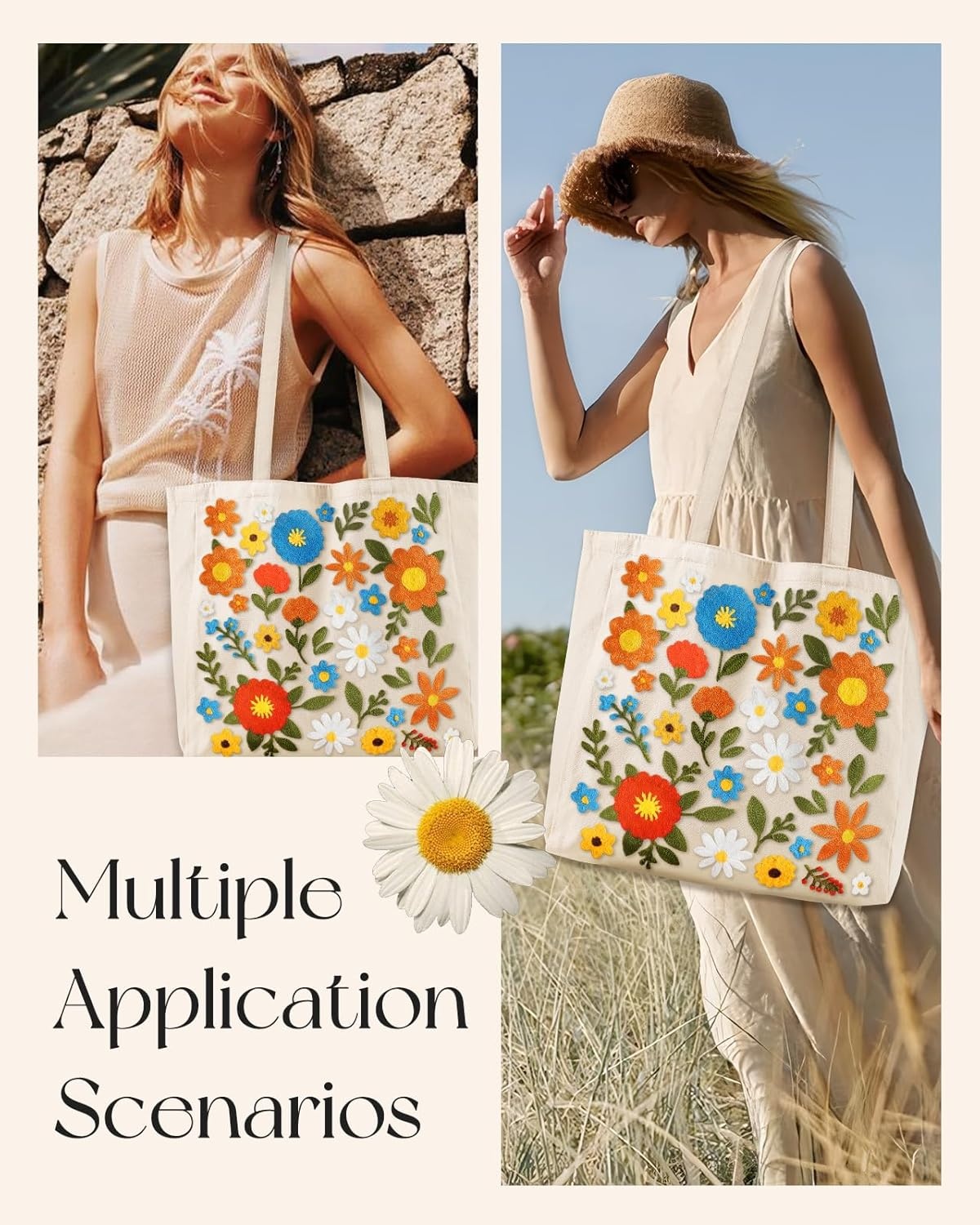 image:imageMiss Adola Embroidery Canvas Tote Bag for Women Reusable Totes with Pocket amp Buckle Aesthetic Cute Grocery Shoulder BagColorful Flower