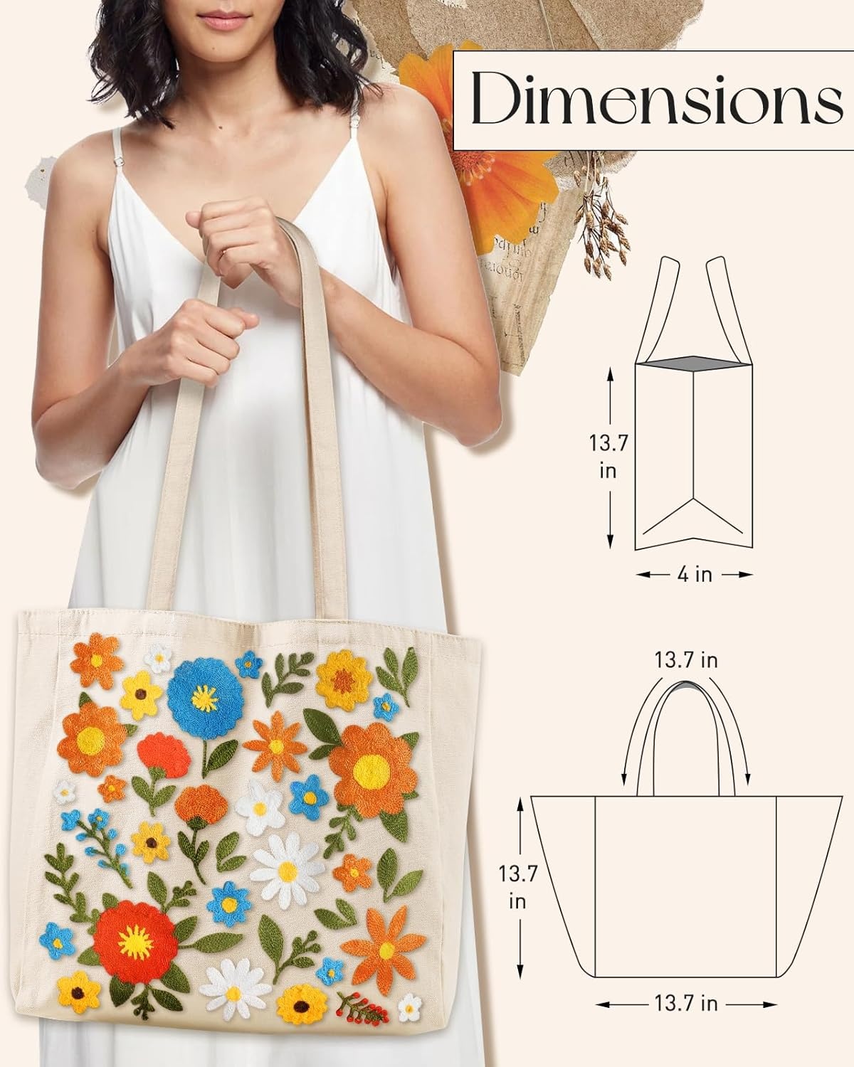 image:imageMiss Adola Embroidery Canvas Tote Bag for Women Reusable Totes with Pocket amp Buckle Aesthetic Cute Grocery Shoulder BagColorful Flower