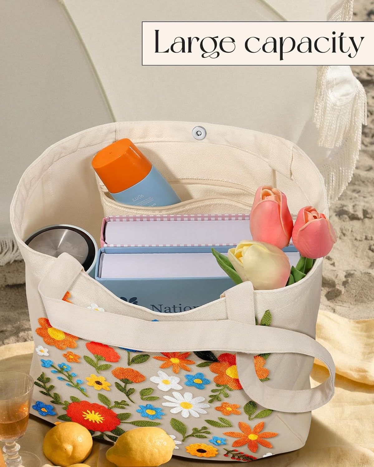image:imageMiss Adola Embroidery Canvas Tote Bag for Women Reusable Totes with Pocket amp Buckle Aesthetic Cute Grocery Shoulder BagColorful Flower