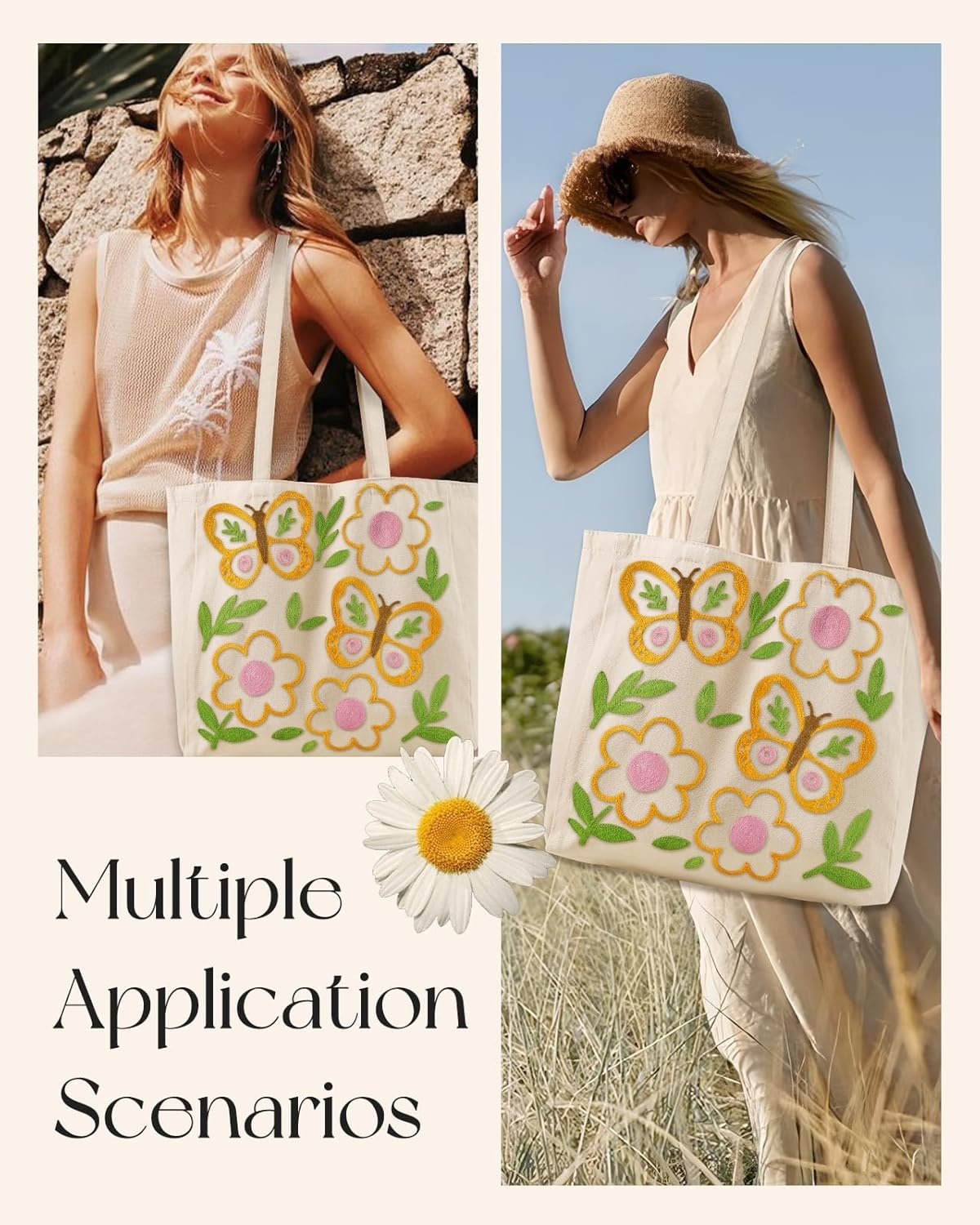 image:imageMiss Adola Embroidery Canvas Tote Bag for Women Reusable Totes with Pocket amp Buckle Aesthetic Cute Grocery Shoulder BagFlower Butterfly
