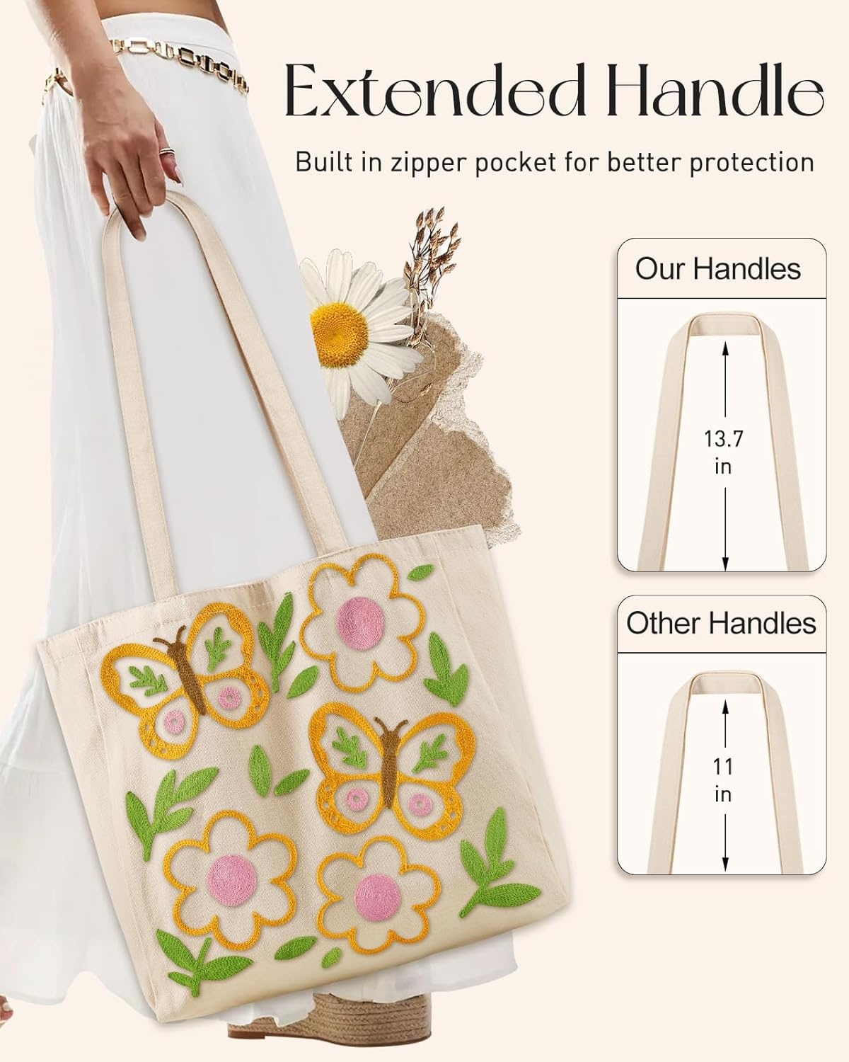 image:imageMiss Adola Embroidery Canvas Tote Bag for Women Reusable Totes with Pocket amp Buckle Aesthetic Cute Grocery Shoulder BagFlower Butterfly