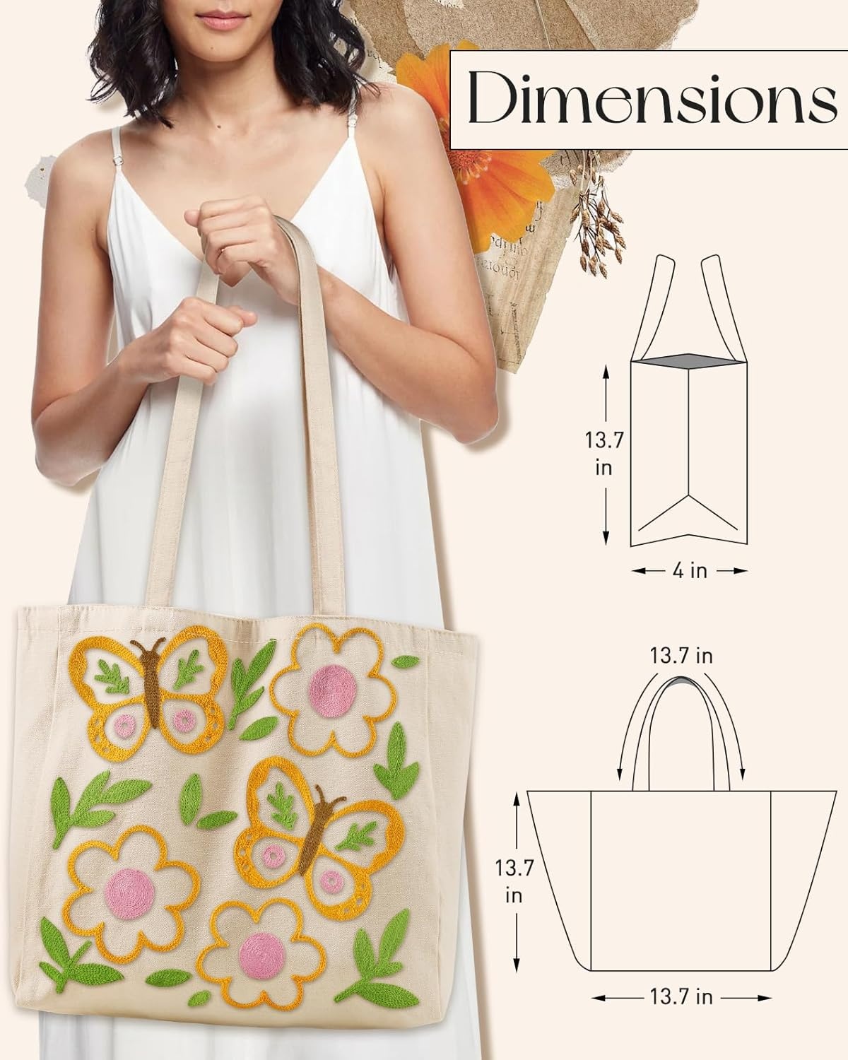 image:imageMiss Adola Embroidery Canvas Tote Bag for Women Reusable Totes with Pocket amp Buckle Aesthetic Cute Grocery Shoulder BagFlower Butterfly