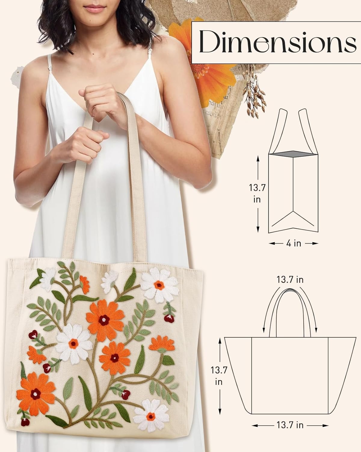 image:imageMiss Adola Embroidery Canvas Tote Bag for Women Reusable Totes with Pocket amp Buckle Aesthetic Cute Grocery Shoulder BagLeaf Flower