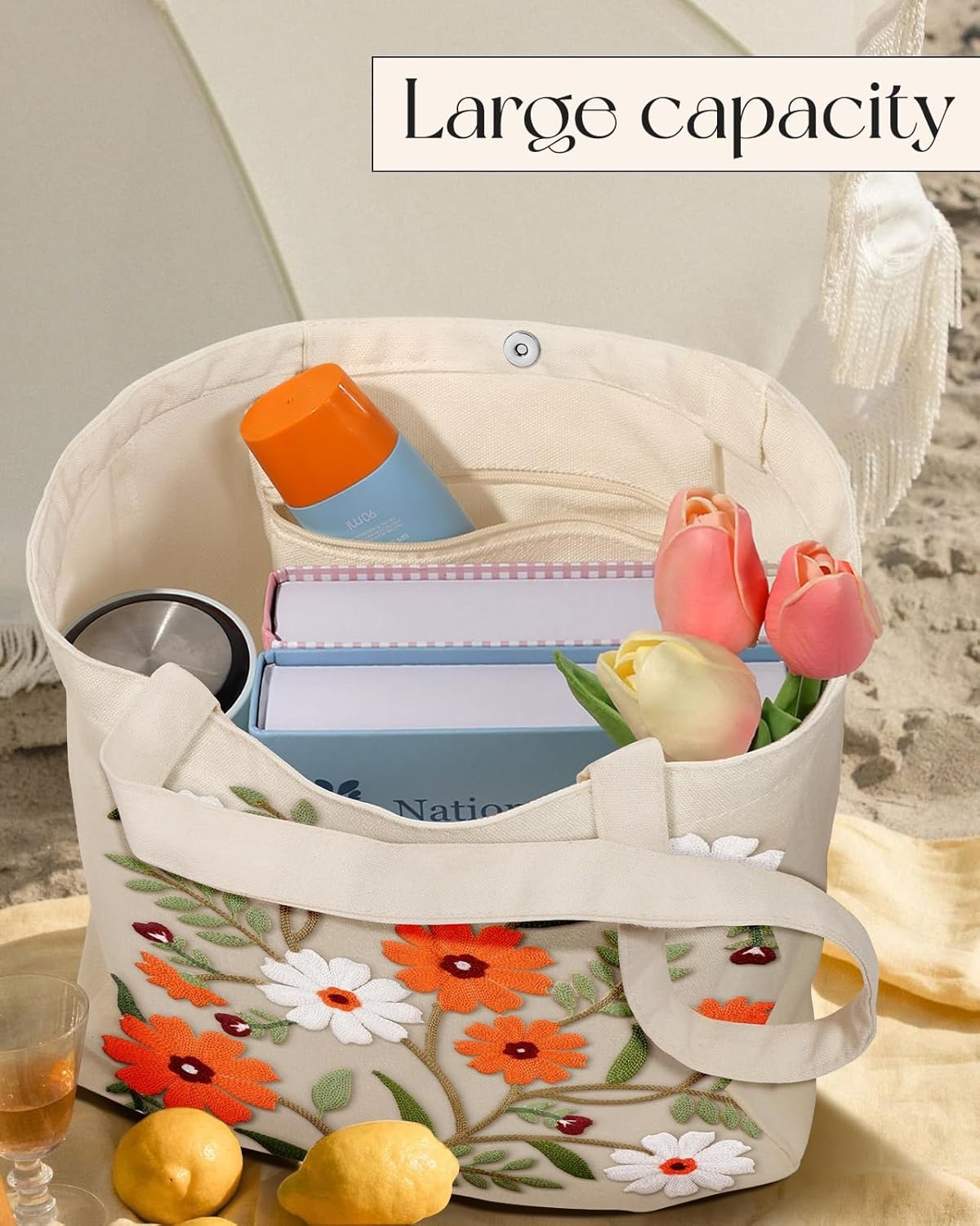 image:imageMiss Adola Embroidery Canvas Tote Bag for Women Reusable Totes with Pocket amp Buckle Aesthetic Cute Grocery Shoulder BagLeaf Flower