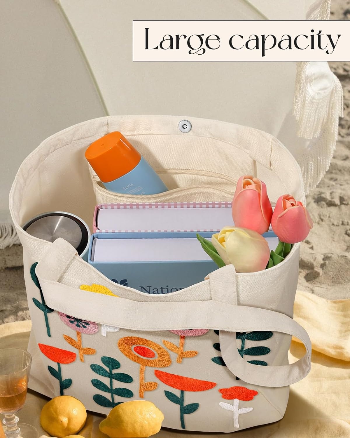 image:imageMiss Adola Embroidery Canvas Tote Bag for Women Reusable Totes with Pocket amp Buckle Aesthetic Cute Grocery Shoulder BagPlants Flower