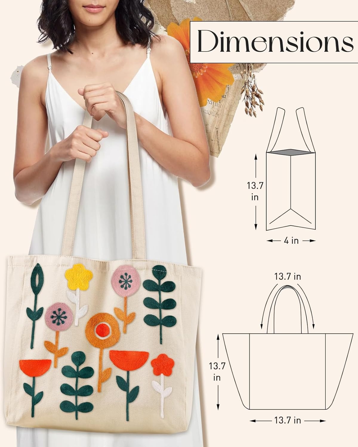 image:imageMiss Adola Embroidery Canvas Tote Bag for Women Reusable Totes with Pocket amp Buckle Aesthetic Cute Grocery Shoulder BagPlants Flower