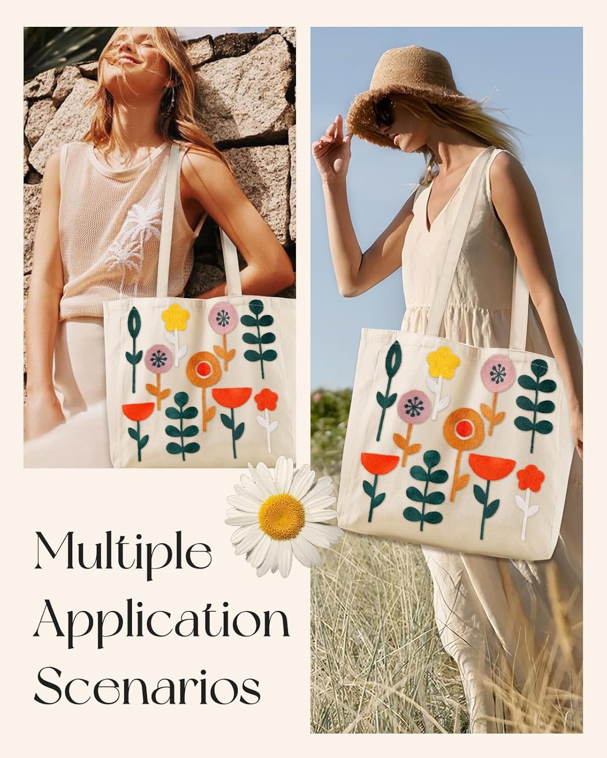 image:imageMiss Adola Embroidery Canvas Tote Bag for Women Reusable Totes with Pocket amp Buckle Aesthetic Cute Grocery Shoulder BagPlants Flower