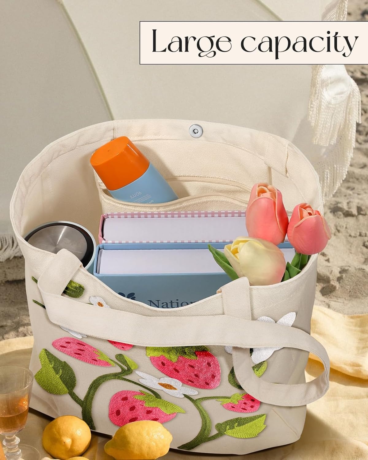 image:imageMiss Adola Embroidery Canvas Tote Bag for Women Reusable Totes with Pocket amp Buckle Aesthetic Cute Grocery Shoulder BagStrawberry Flower