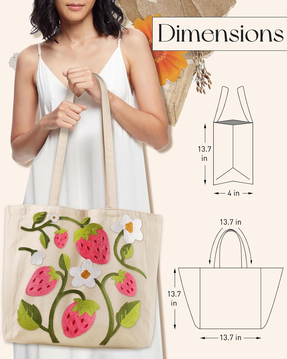 image:imageMiss Adola Embroidery Canvas Tote Bag for Women Reusable Totes with Pocket amp Buckle Aesthetic Cute Grocery Shoulder BagStrawberry Flower
