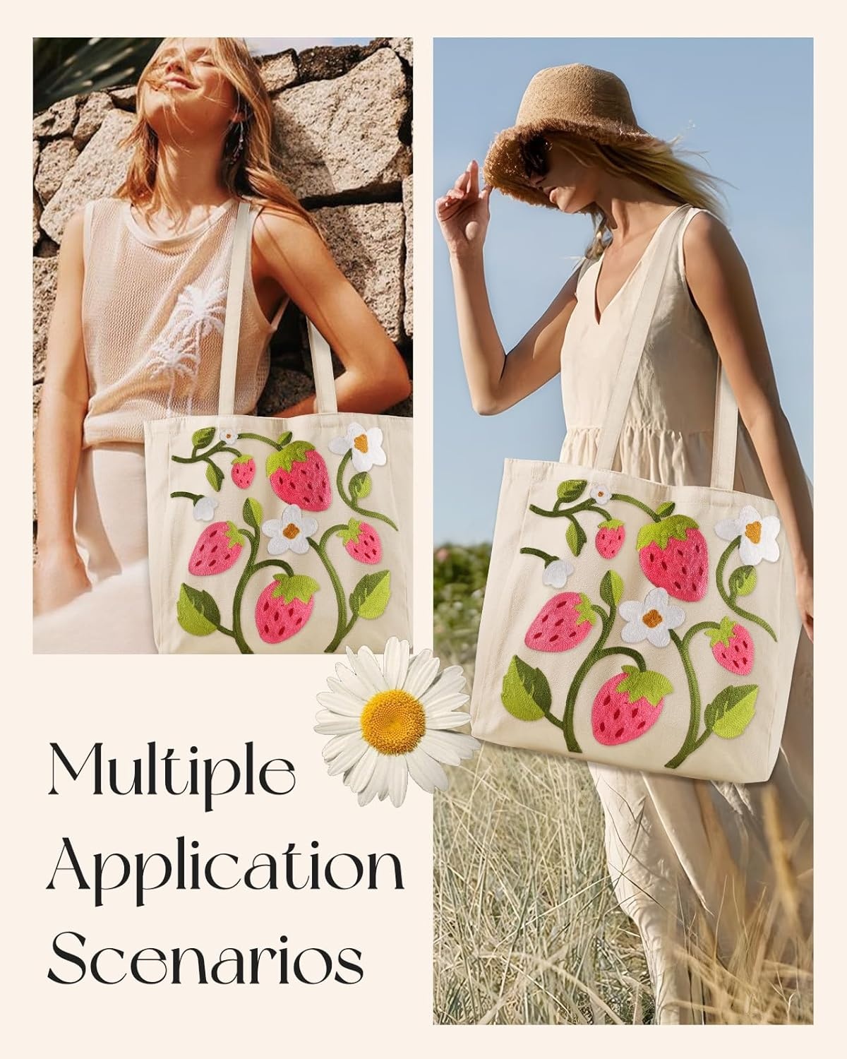 image:imageMiss Adola Embroidery Canvas Tote Bag for Women Reusable Totes with Pocket amp Buckle Aesthetic Cute Grocery Shoulder BagStrawberry Flower