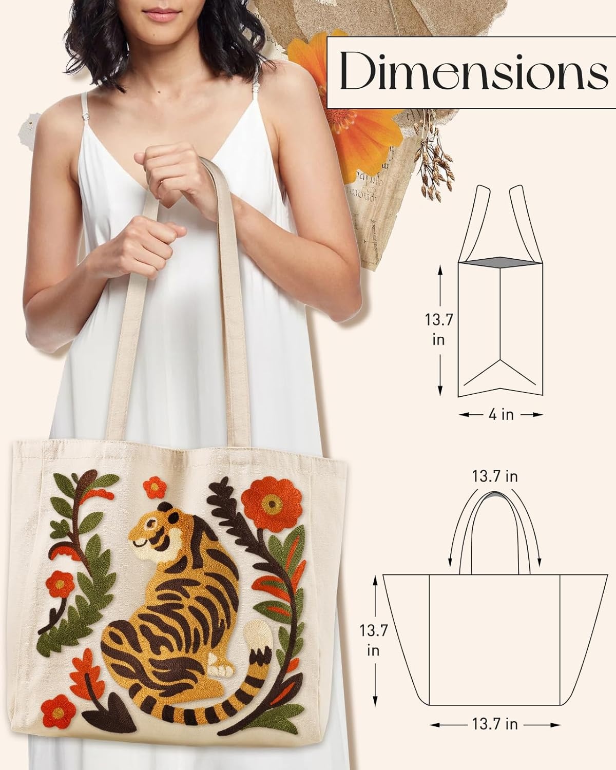 image:imageMiss Adola Embroidery Canvas Tote Bag for Women Reusable Totes with Pocket amp Buckle Aesthetic Cute Grocery Shoulder BagTiger in Flower