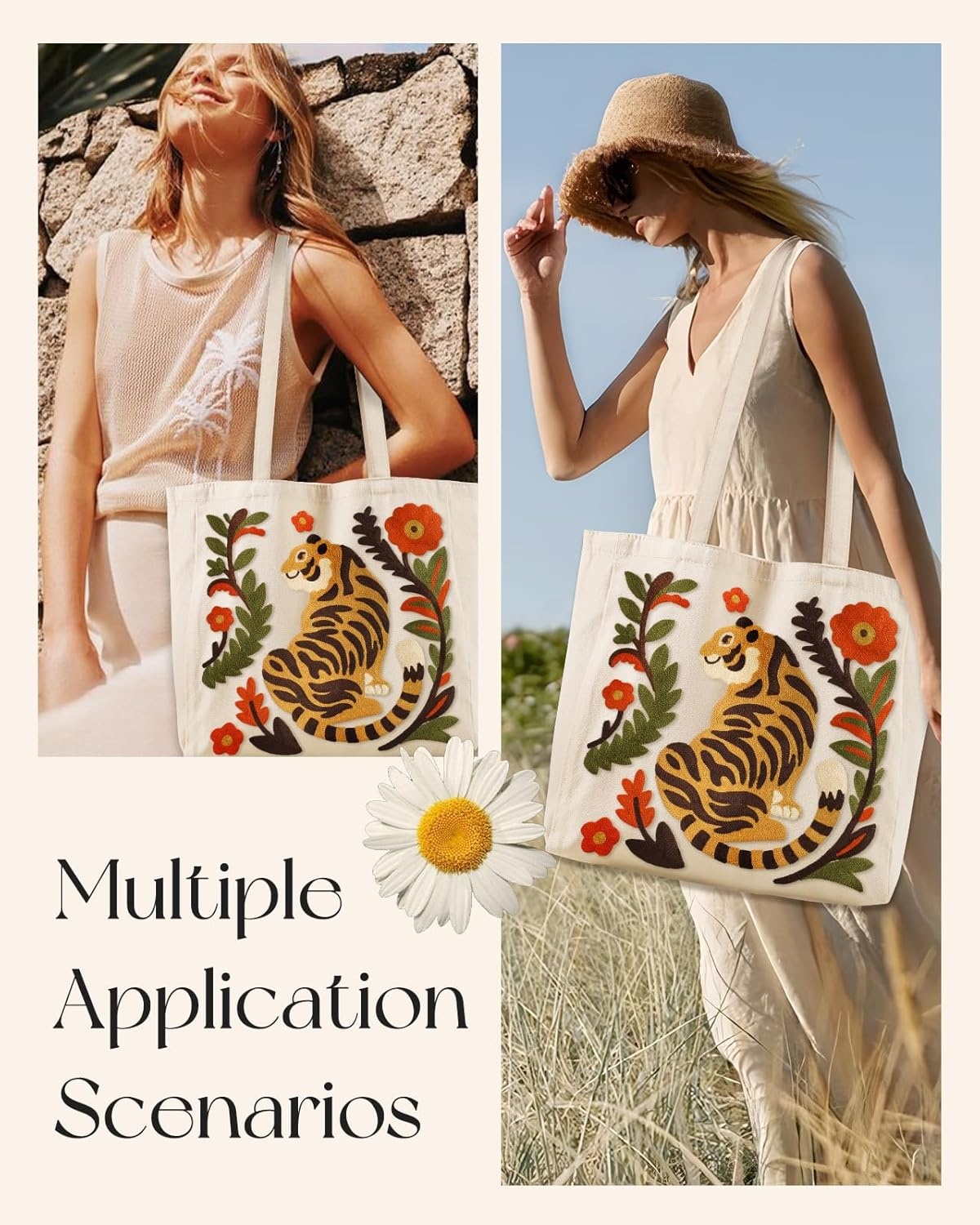 image:imageMiss Adola Embroidery Canvas Tote Bag for Women Reusable Totes with Pocket amp Buckle Aesthetic Cute Grocery Shoulder BagTiger in Flower