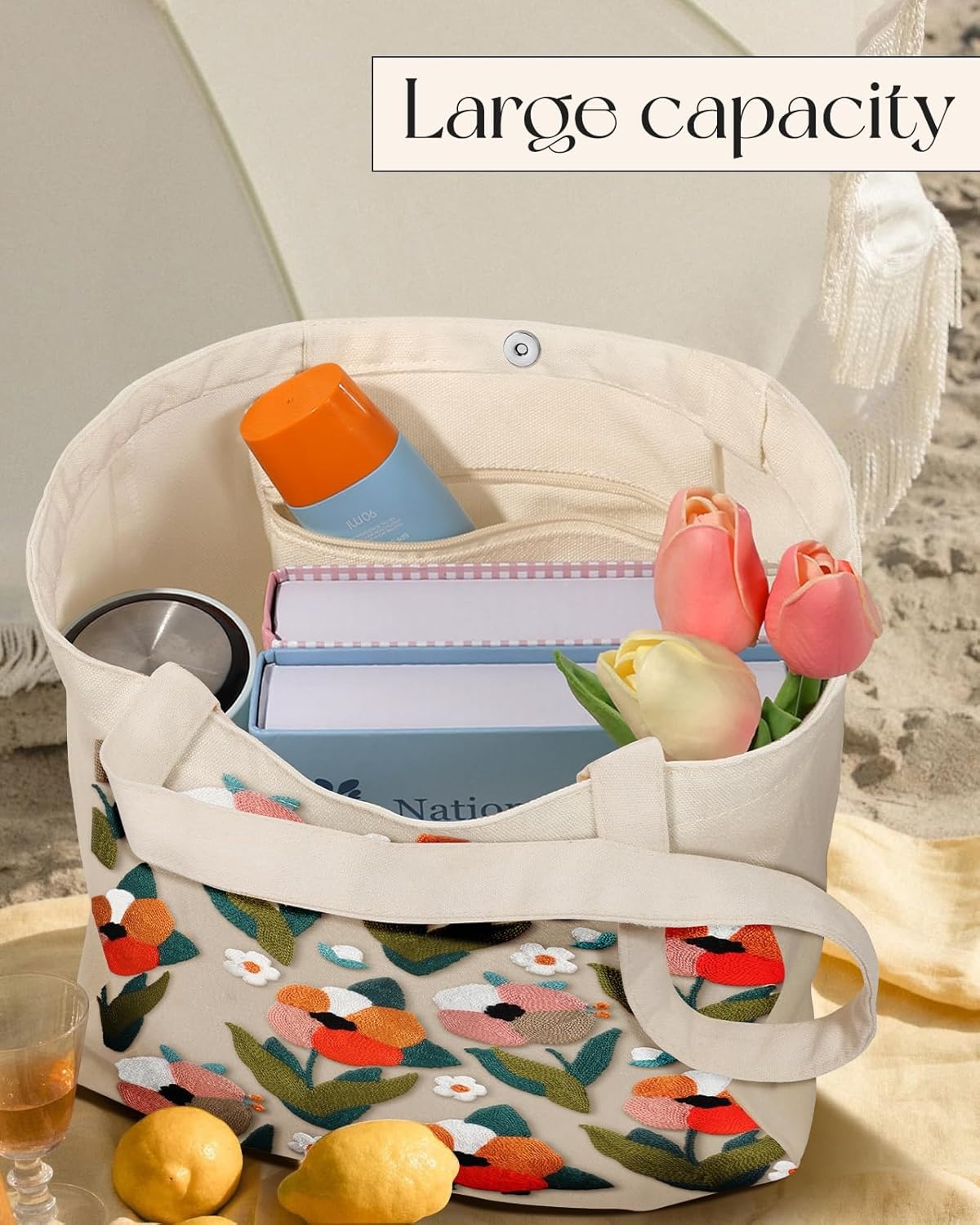 image:imageMiss Adola Embroidery Canvas Tote Bag for Women Reusable Totes with Pocket amp Buckle Aesthetic Cute Grocery Shoulder BagTulip Daisy