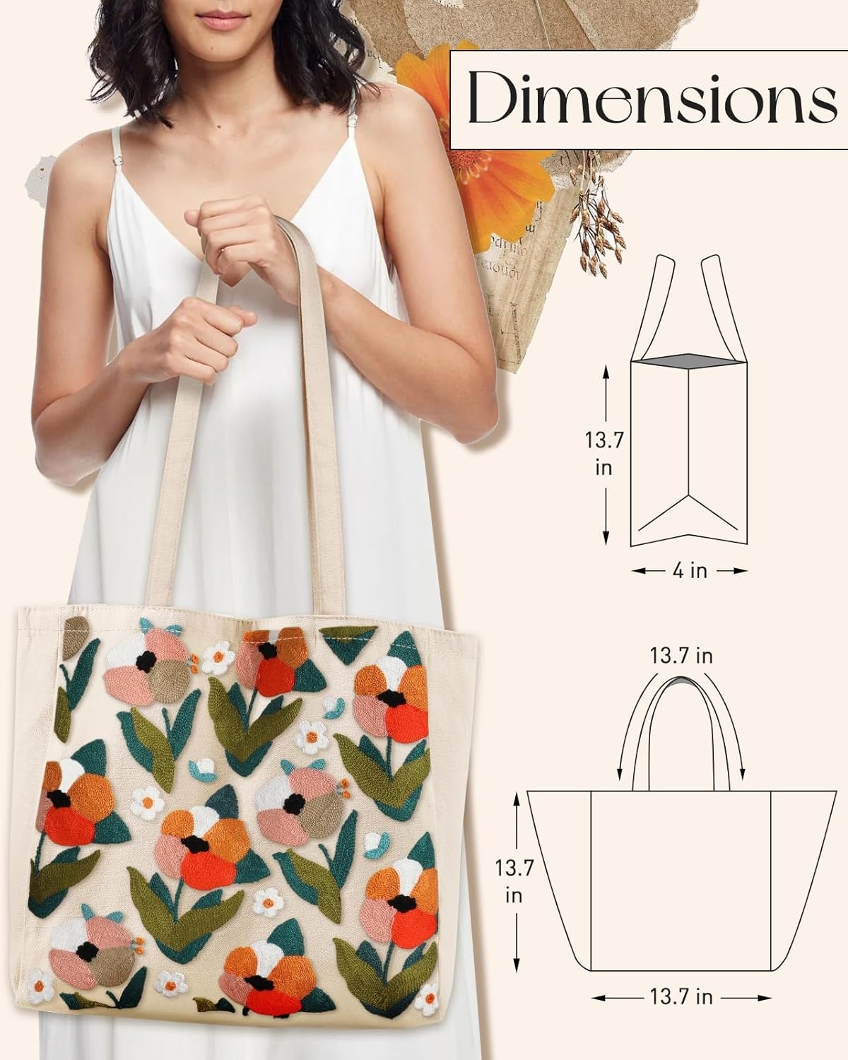 image:imageMiss Adola Embroidery Canvas Tote Bag for Women Reusable Totes with Pocket amp Buckle Aesthetic Cute Grocery Shoulder BagTulip Daisy