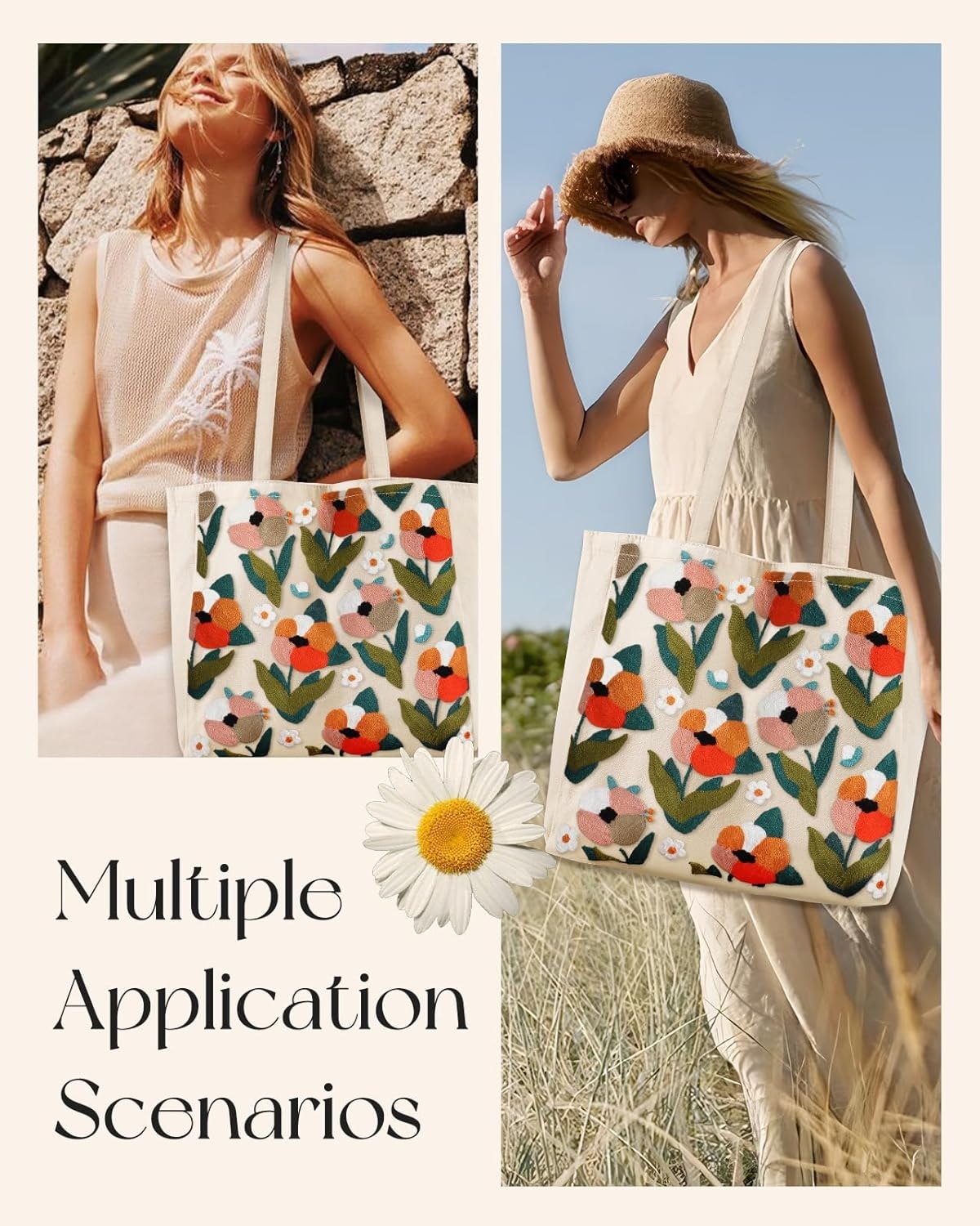 image:imageMiss Adola Embroidery Canvas Tote Bag for Women Reusable Totes with Pocket amp Buckle Aesthetic Cute Grocery Shoulder BagTulip Daisy