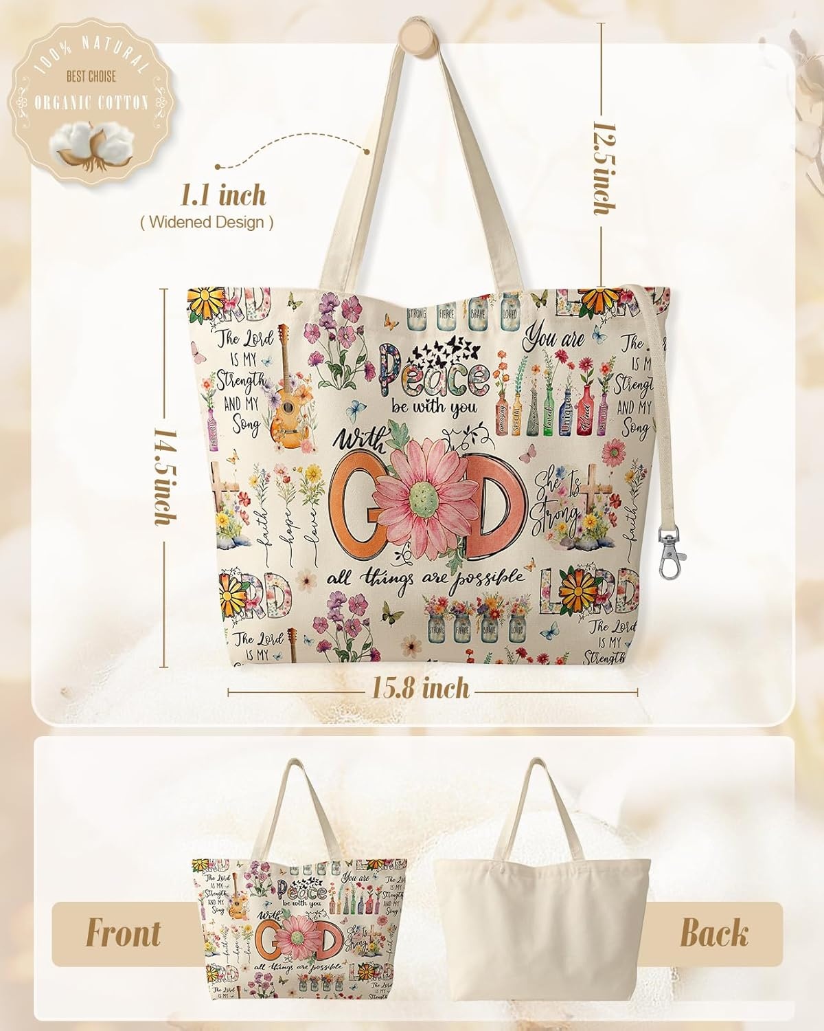 image:imageMiss Adola Large Tote Bag for Women Aesthetic Cute Big Canvas Bags with Zipper Cotton Shoulder Bag for Gym Travel WorkBiblical God