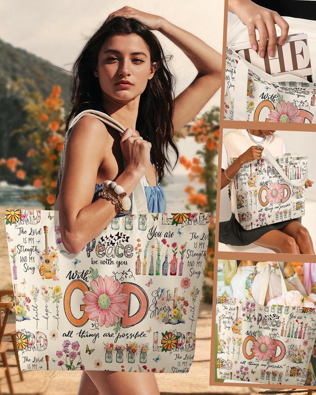 image:imageMiss Adola Large Tote Bag for Women Aesthetic Cute Big Canvas Bags with Zipper Cotton Shoulder Bag for Gym Travel WorkBiblical God