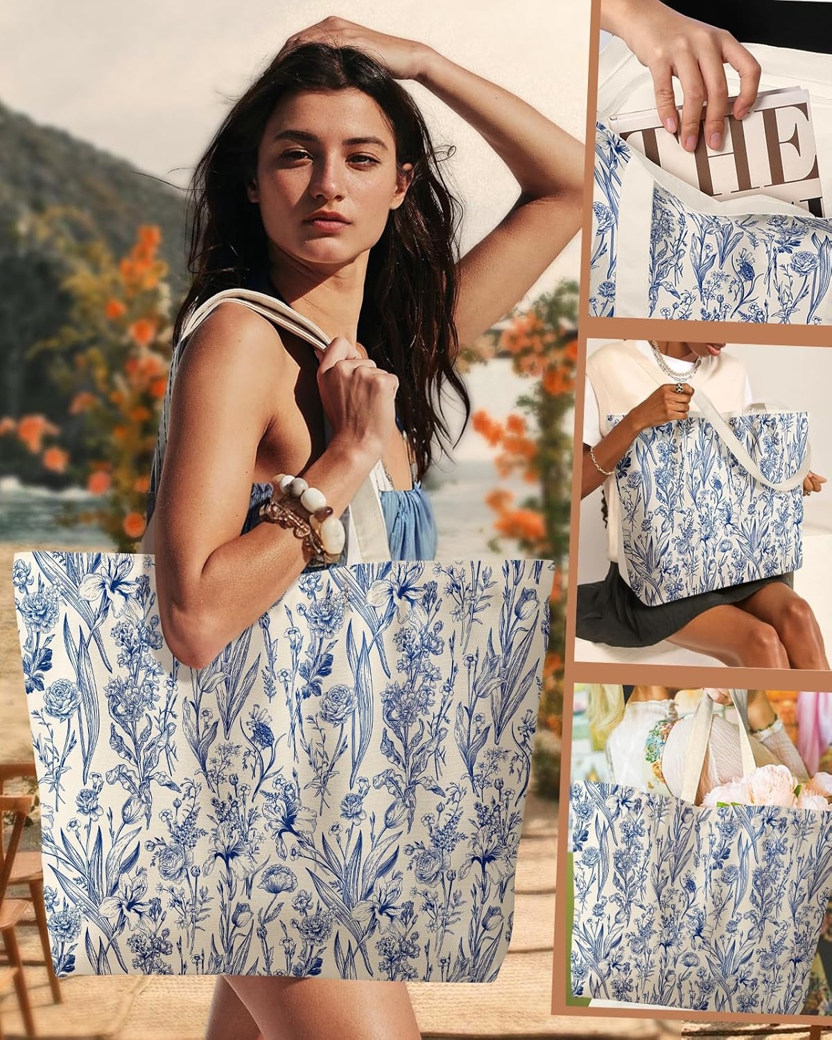 image:imageMiss Adola Large Tote Bag for Women Aesthetic Cute Big Canvas Bags with Zipper Cotton Shoulder Bag for Gym Travel WorkBlue Flowers