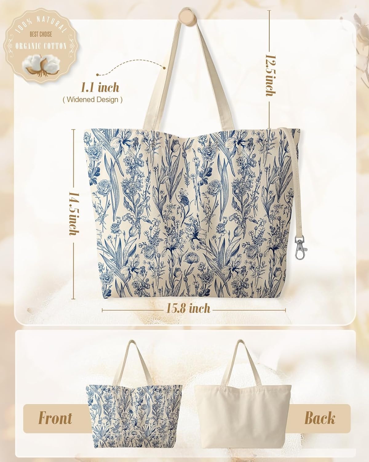 image:imageMiss Adola Large Tote Bag for Women Aesthetic Cute Big Canvas Bags with Zipper Cotton Shoulder Bag for Gym Travel WorkBlue Flowers