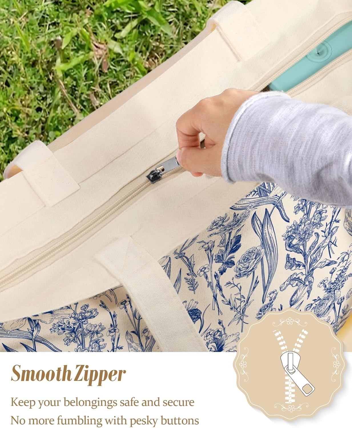 image:imageMiss Adola Large Tote Bag for Women Aesthetic Cute Big Canvas Bags with Zipper Cotton Shoulder Bag for Gym Travel WorkBlue Flowers