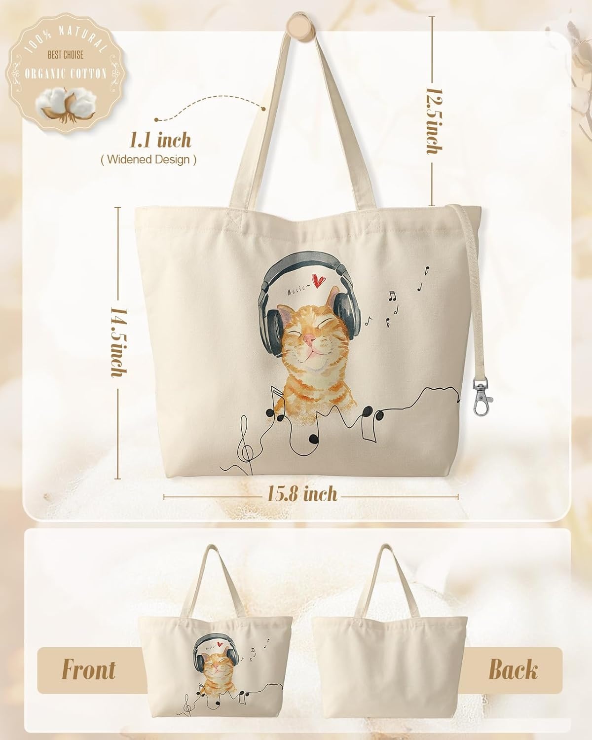 image:imageMiss Adola Large Tote Bag for Women Aesthetic Cute Big Canvas Bags with Zipper Cotton Shoulder Bag for Gym Travel WorkCat With Earphone