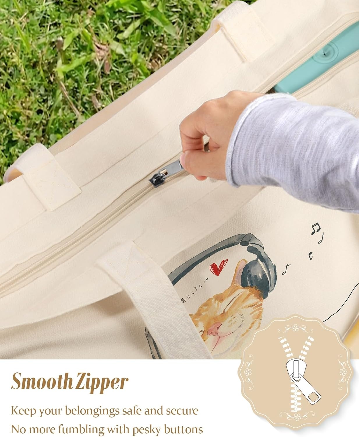 image:imageMiss Adola Large Tote Bag for Women Aesthetic Cute Big Canvas Bags with Zipper Cotton Shoulder Bag for Gym Travel WorkCat With Earphone