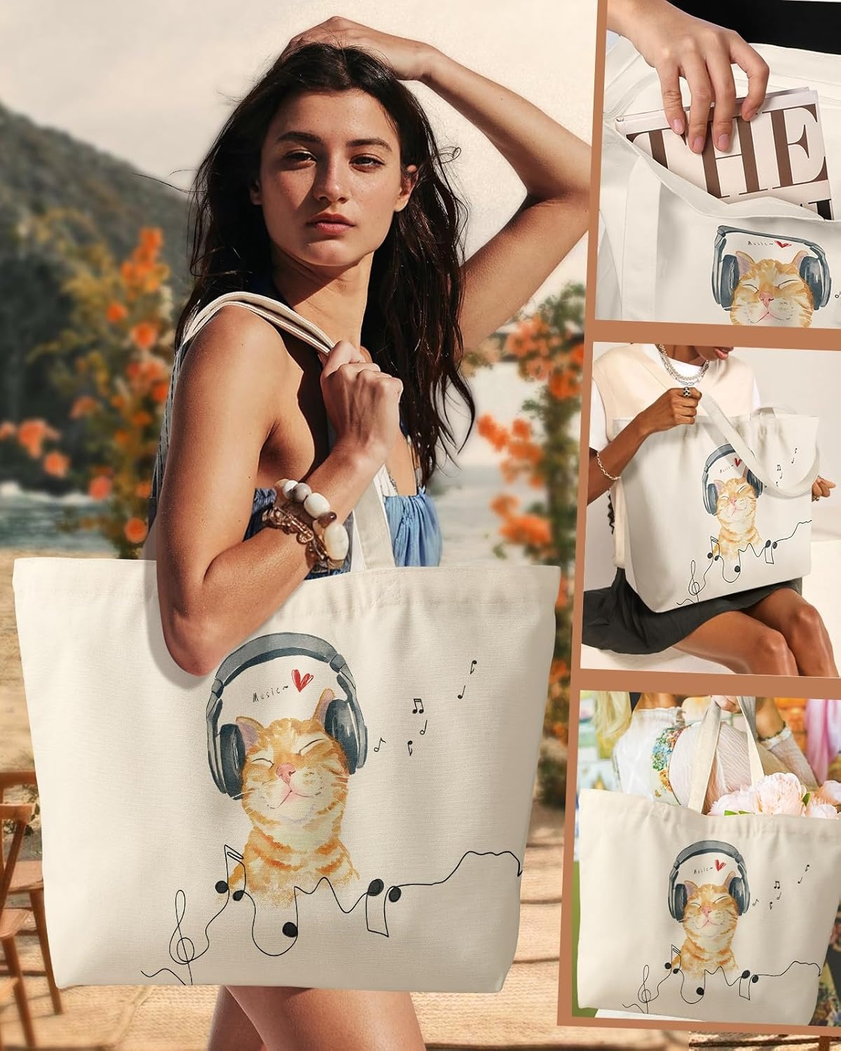 image:imageMiss Adola Large Tote Bag for Women Aesthetic Cute Big Canvas Bags with Zipper Cotton Shoulder Bag for Gym Travel WorkCat With Earphone