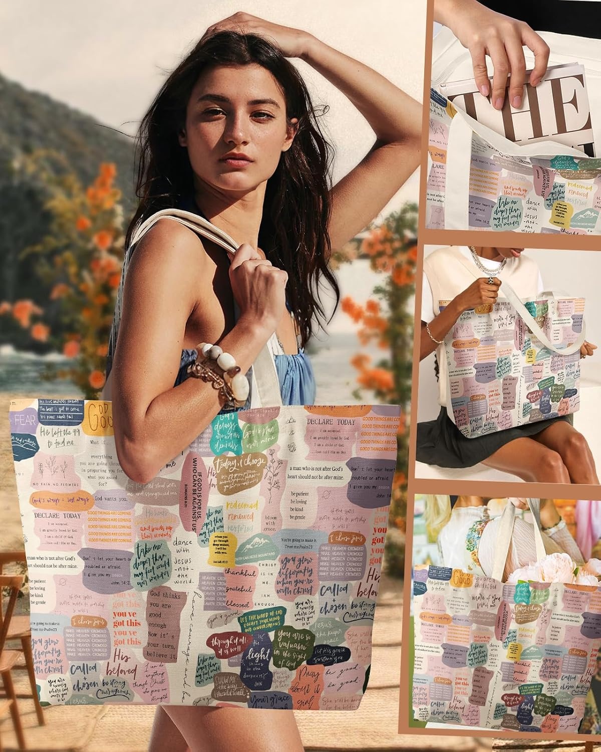 image:imageMiss Adola Large Tote Bag for Women Aesthetic Cute Big Canvas Bags with Zipper Cotton Shoulder Bag for Gym Travel WorkCollage Text