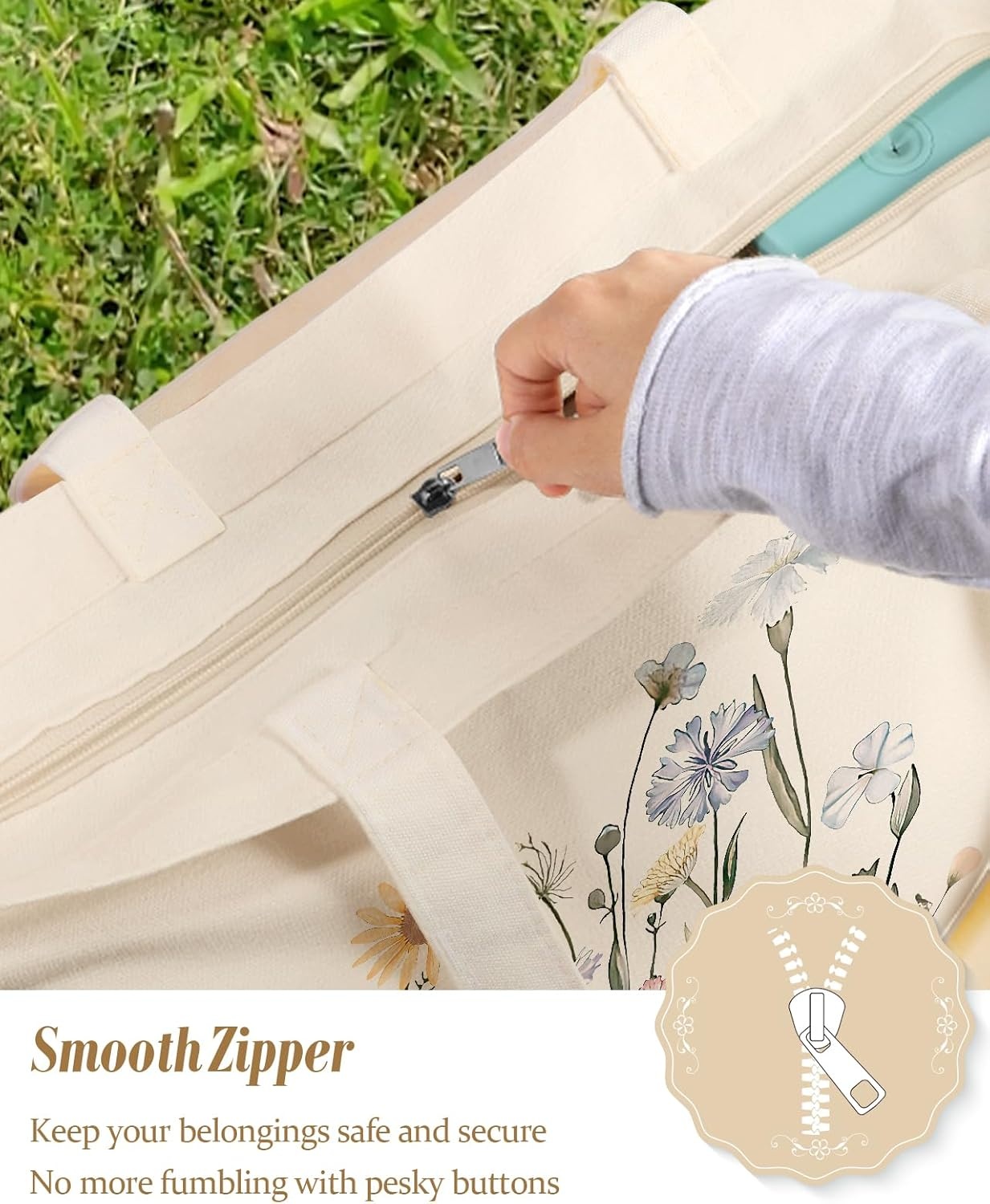 image:imageMiss Adola Large Tote Bag for Women Aesthetic Cute Big Canvas Bags with Zipper Cotton Shoulder Bag for Gym Travel WorkColorful Flower