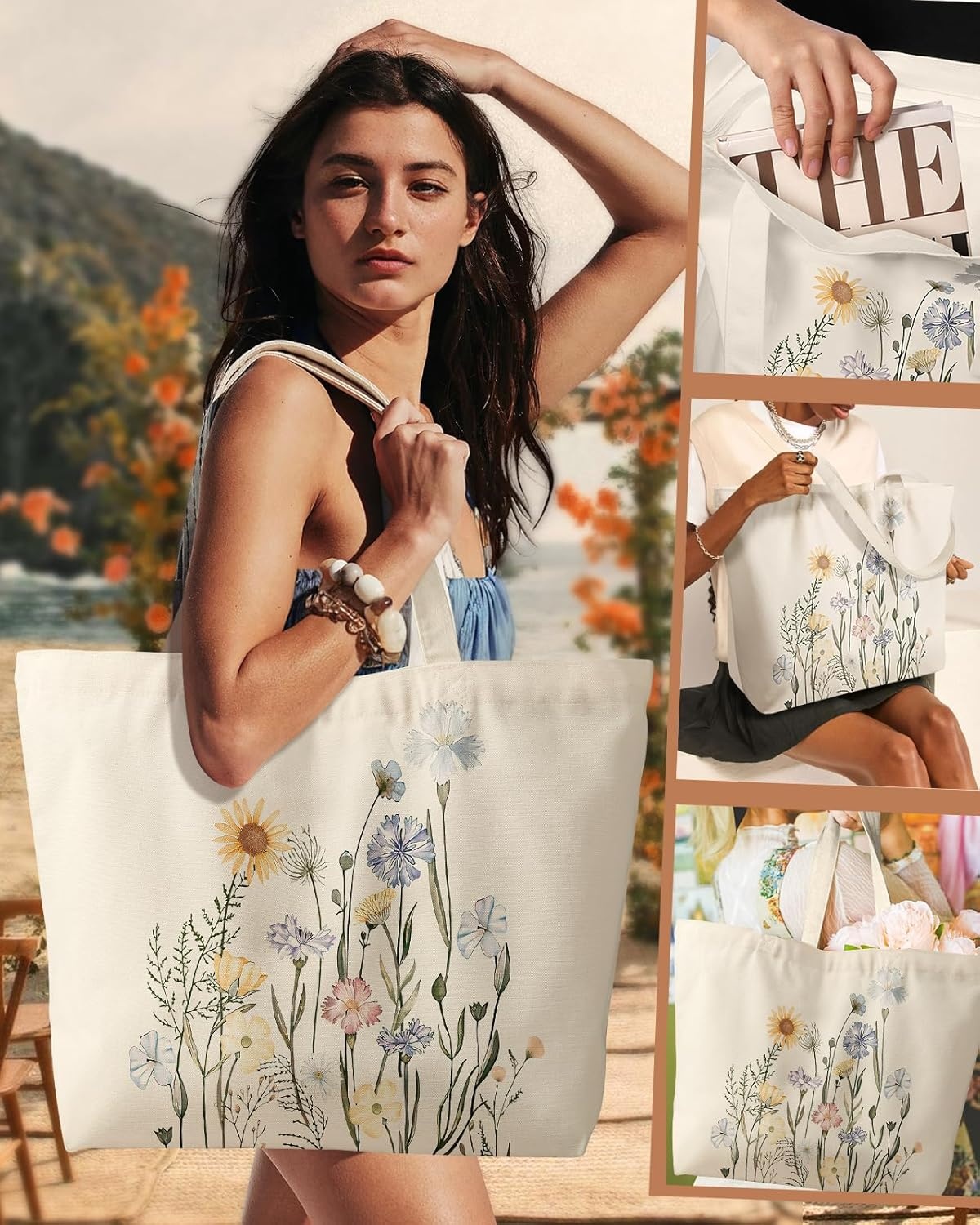 image:imageMiss Adola Large Tote Bag for Women Aesthetic Cute Big Canvas Bags with Zipper Cotton Shoulder Bag for Gym Travel WorkColorful Flower