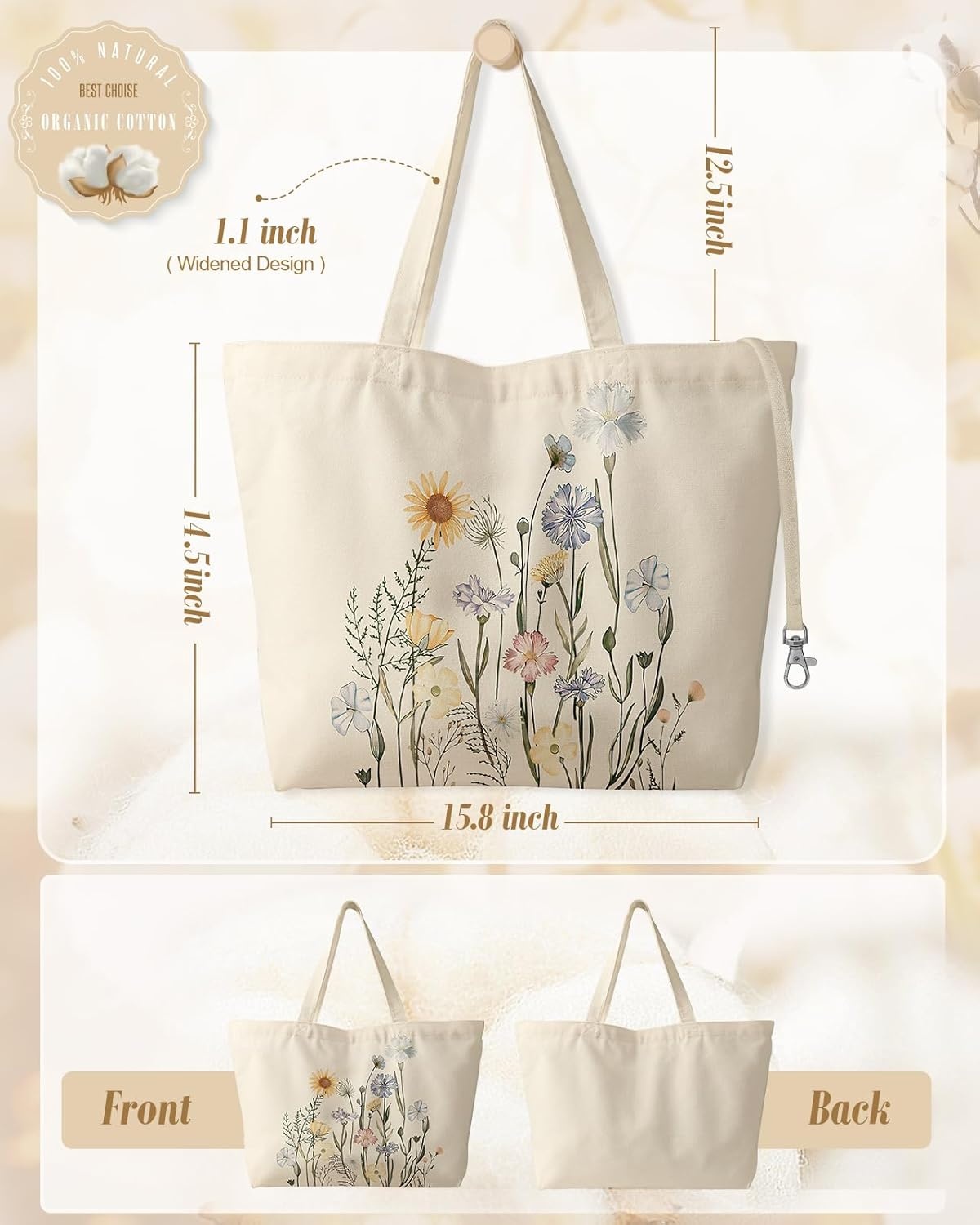 image:imageMiss Adola Large Tote Bag for Women Aesthetic Cute Big Canvas Bags with Zipper Cotton Shoulder Bag for Gym Travel WorkColorful Flower