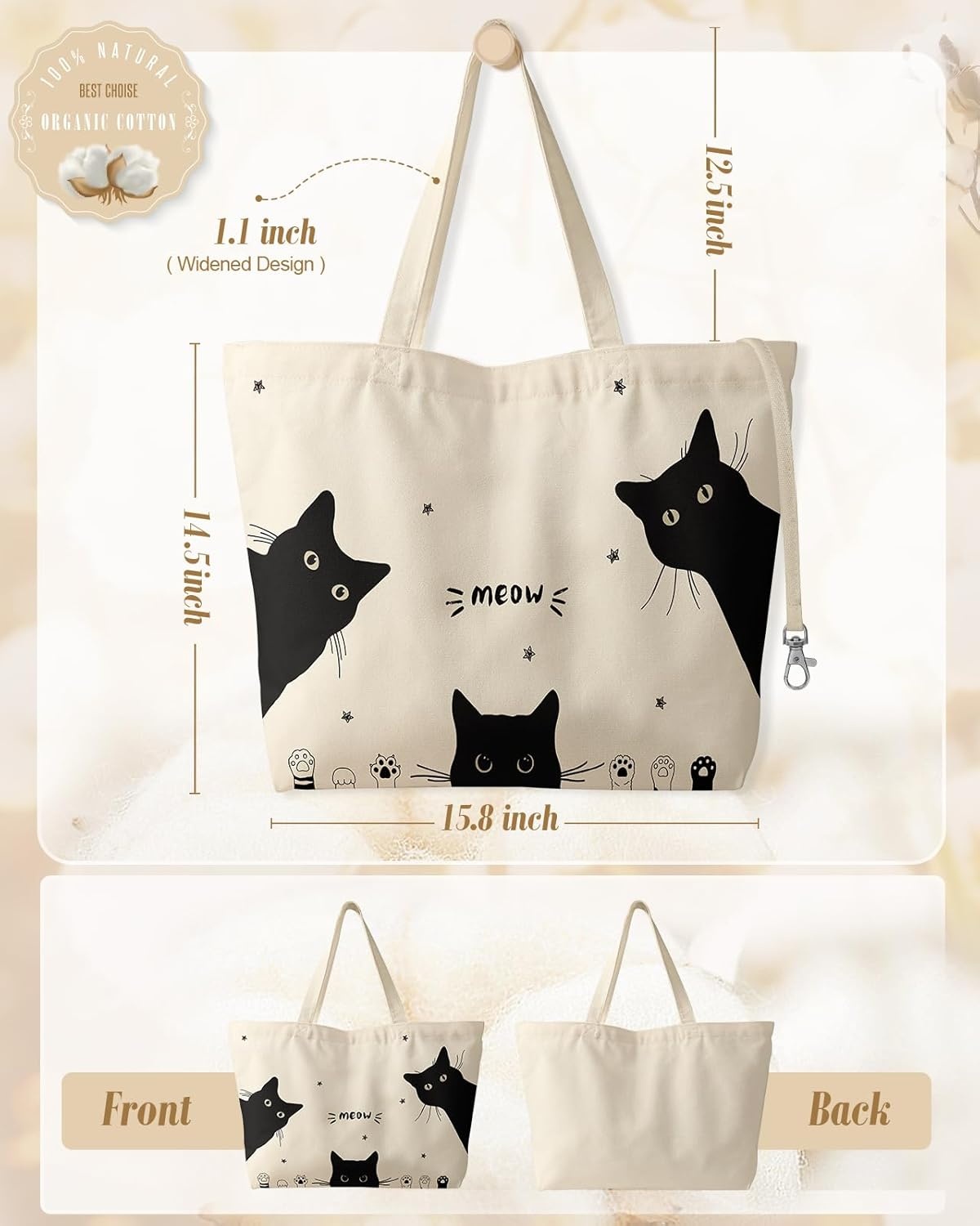 image:imageMiss Adola Large Tote Bag for Women Aesthetic Cute Big Canvas Bags with Zipper Cotton Shoulder Bag for Gym Travel WorkThree Black Cats