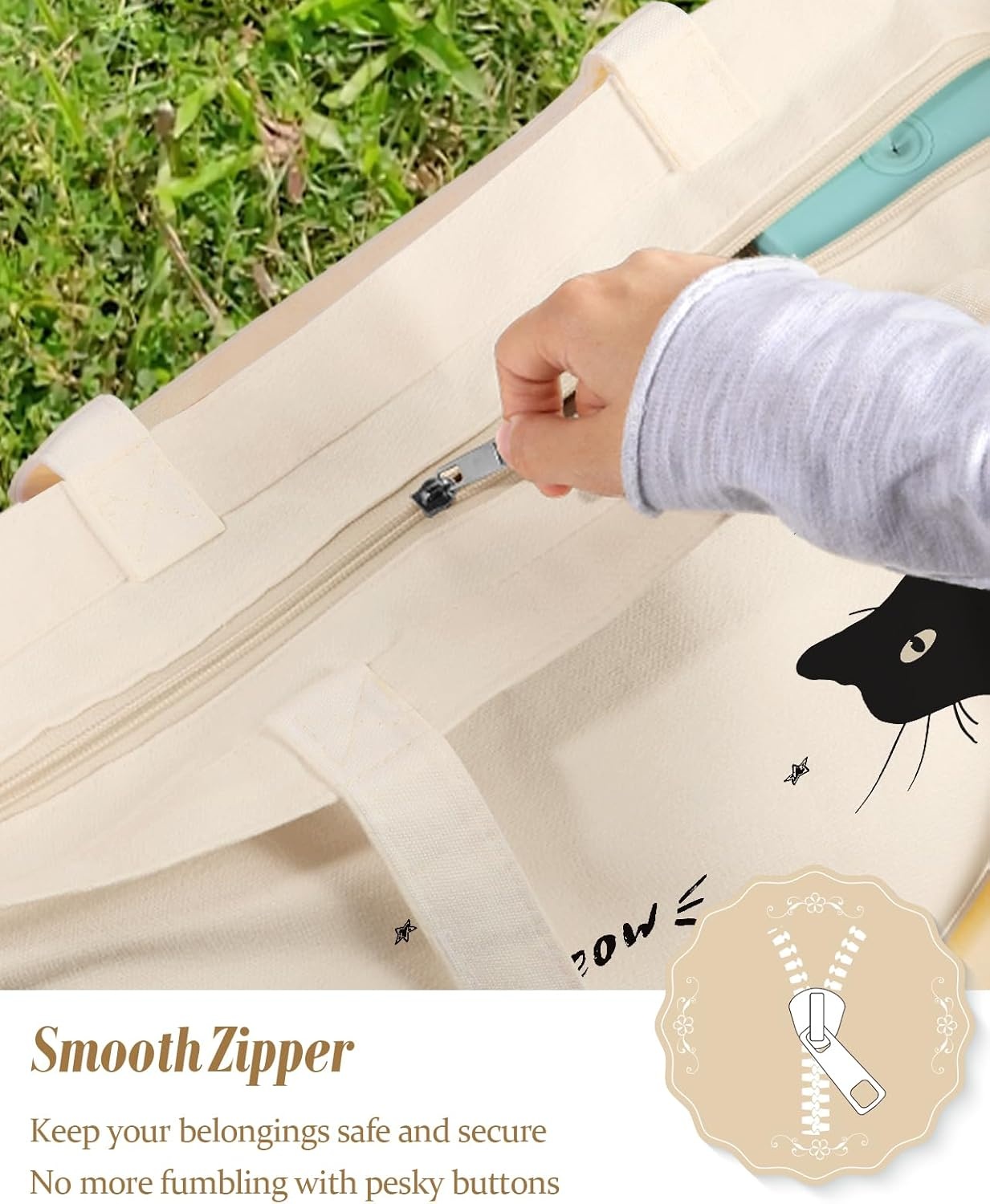 image:imageMiss Adola Large Tote Bag for Women Aesthetic Cute Big Canvas Bags with Zipper Cotton Shoulder Bag for Gym Travel WorkThree Black Cats