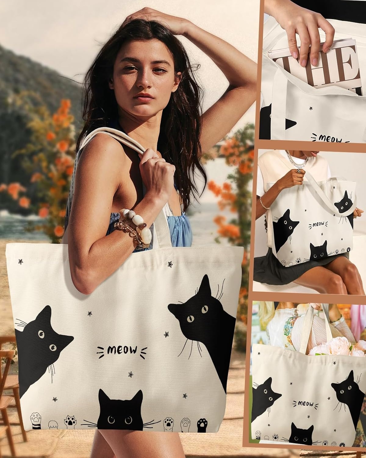 image:imageMiss Adola Large Tote Bag for Women Aesthetic Cute Big Canvas Bags with Zipper Cotton Shoulder Bag for Gym Travel WorkThree Black Cats