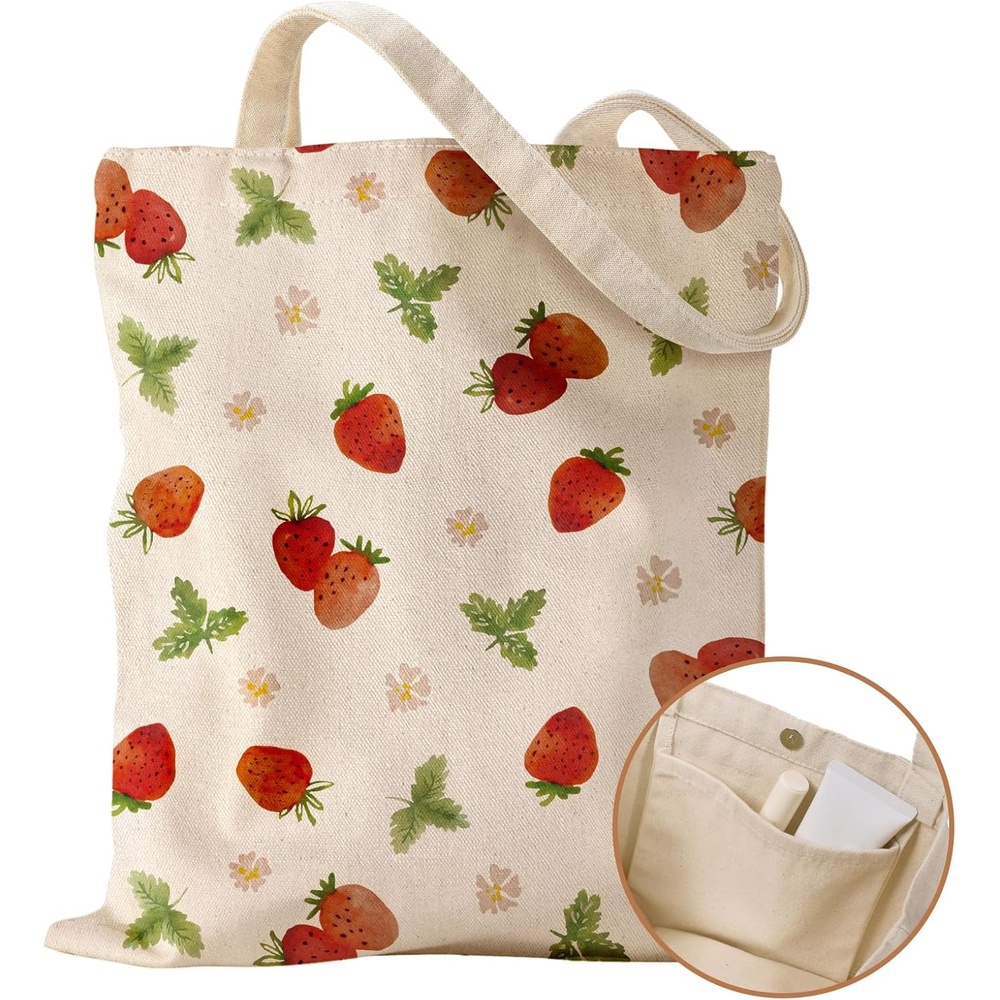 image:imageMiss Adola Aesthetic Cottonseed Tote Bag for Women with Magnetic Buckle and Inner Pocket for Lady Cloth Cotton Tote BagColor Strawberry