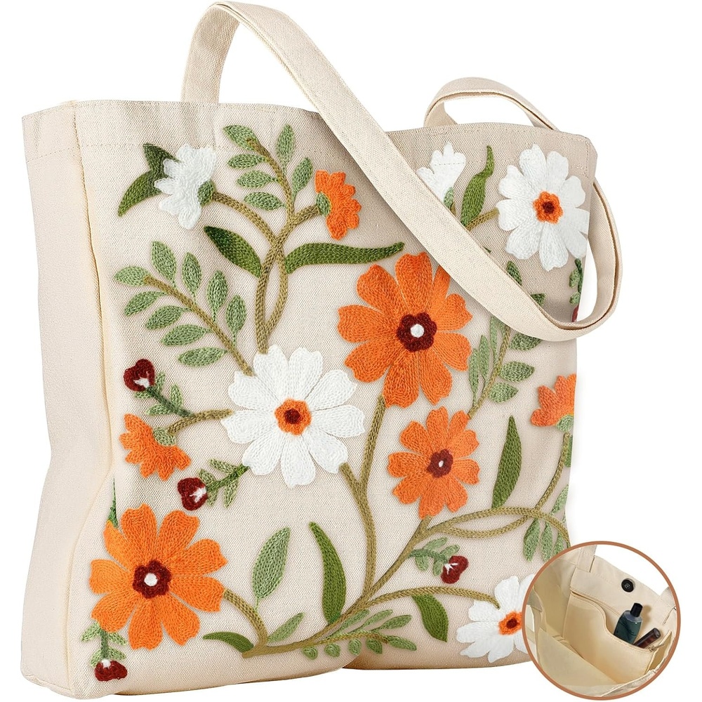 image:imageMiss Adola Embroidery Canvas Tote Bag for Women Reusable Totes with Pocket amp Buckle Aesthetic Cute Grocery Shoulder BagLeaf Flower