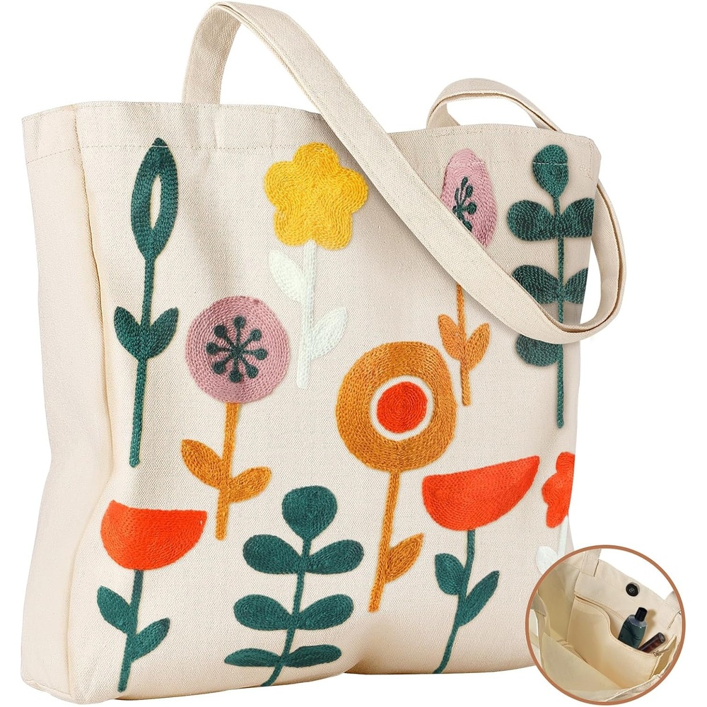 image:imageMiss Adola Embroidery Canvas Tote Bag for Women Reusable Totes with Pocket amp Buckle Aesthetic Cute Grocery Shoulder BagPlants Flower
