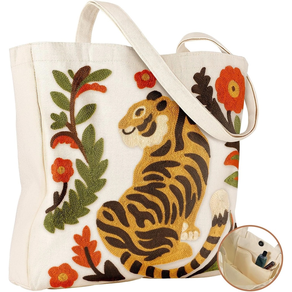 image:imageMiss Adola Embroidery Canvas Tote Bag for Women Reusable Totes with Pocket amp Buckle Aesthetic Cute Grocery Shoulder BagTiger in Flower
