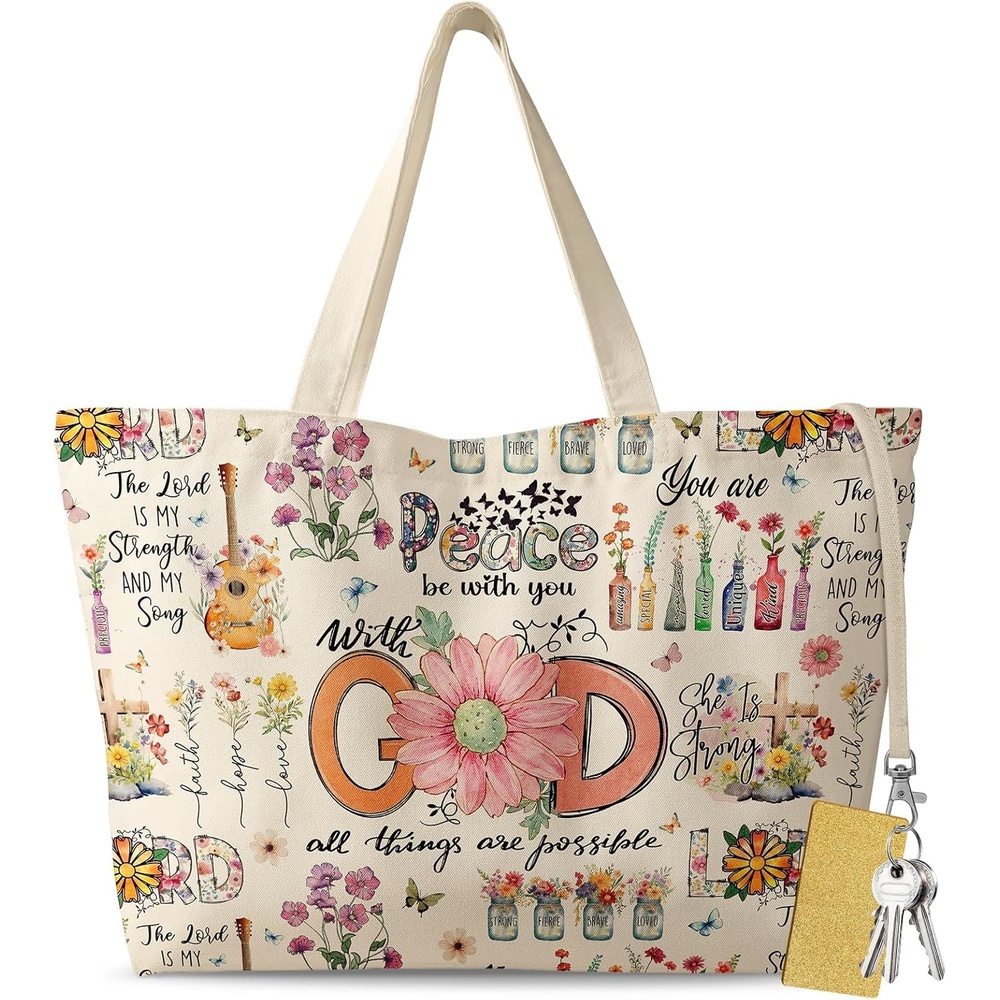 image:imageMiss Adola Large Tote Bag for Women Aesthetic Cute Big Canvas Bags with Zipper Cotton Shoulder Bag for Gym Travel WorkBiblical God