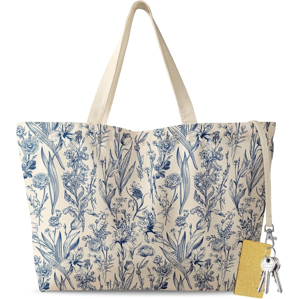 image:imageMiss Adola Large Tote Bag for Women Aesthetic Cute Big Canvas Bags with Zipper Cotton Shoulder Bag for Gym Travel WorkBlue Flowers