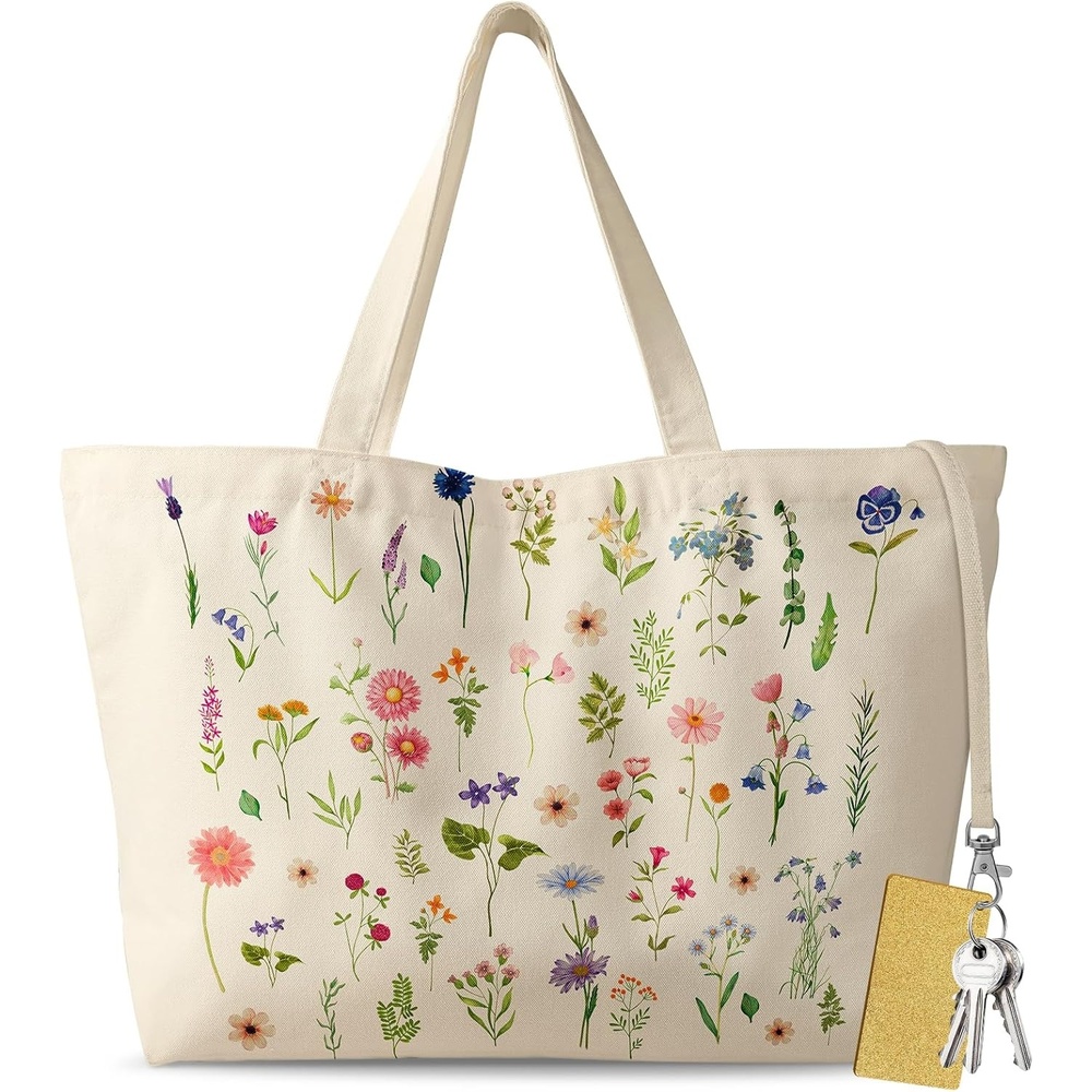 image:imageMiss Adola Large Tote Bag for Women Aesthetic Cute Big Canvas Bags with Zipper Cotton Shoulder Bag for Gym Travel WorkGreen Wild Flower