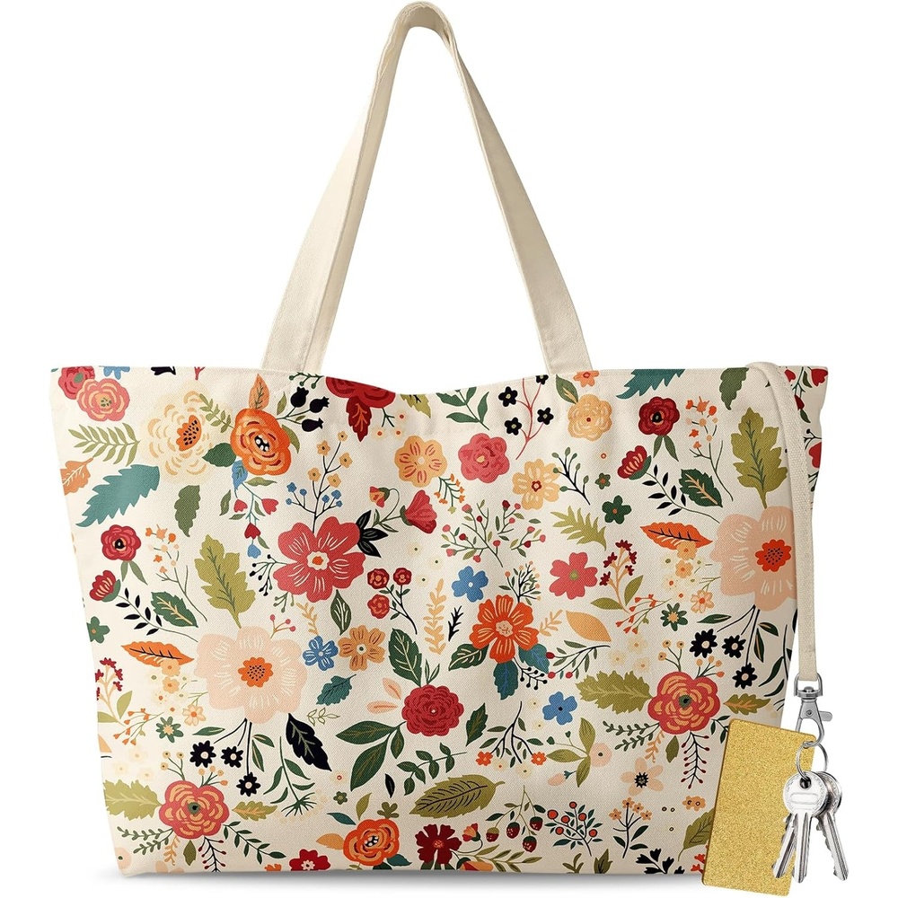 image:imageMiss Adola Large Tote Bag for Women Aesthetic Cute Big Canvas Bags with Zipper Cotton Shoulder Bag for Gym Travel WorkRed Flower