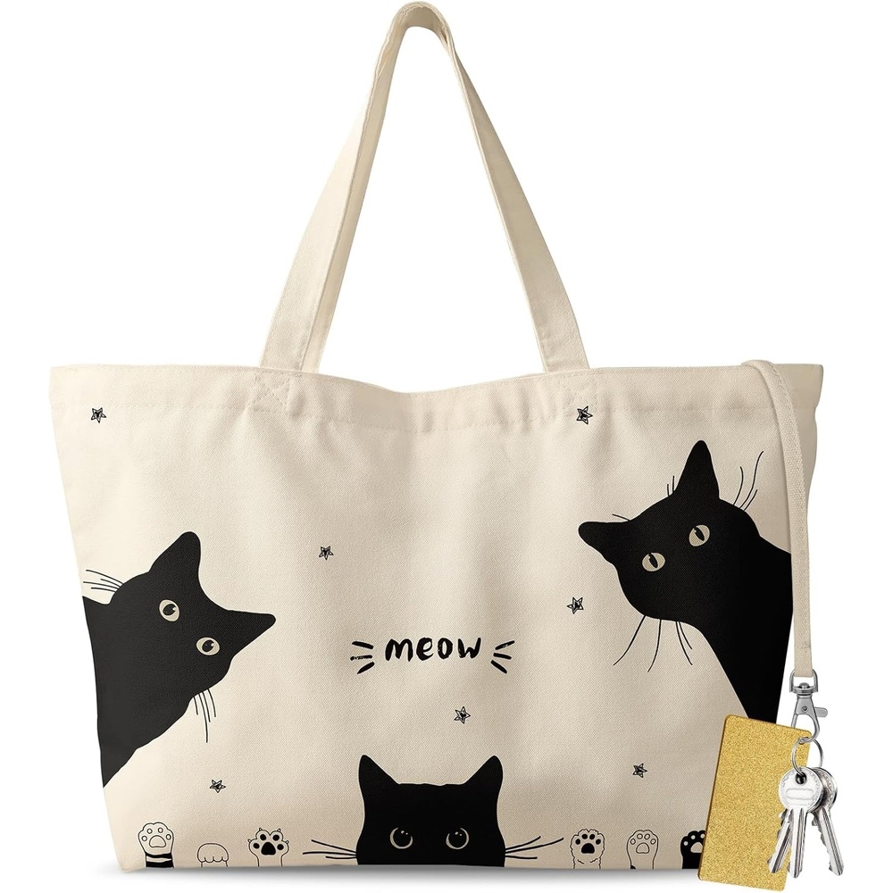 image:imageMiss Adola Large Tote Bag for Women Aesthetic Cute Big Canvas Bags with Zipper Cotton Shoulder Bag for Gym Travel WorkThree Black Cats