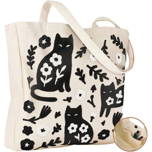 image:imageMiss Adola Embroidery Canvas Tote Bag for Women  Reusable Totes with Pocket amp Buckle Aesthetic Cute Grocery Shoulder BagBlack Cat Flower