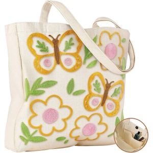 image:imageMiss Adola Embroidery Canvas Tote Bag for Women  Reusable Totes with Pocket amp Buckle Aesthetic Cute Grocery Shoulder BagFlower Butterfly